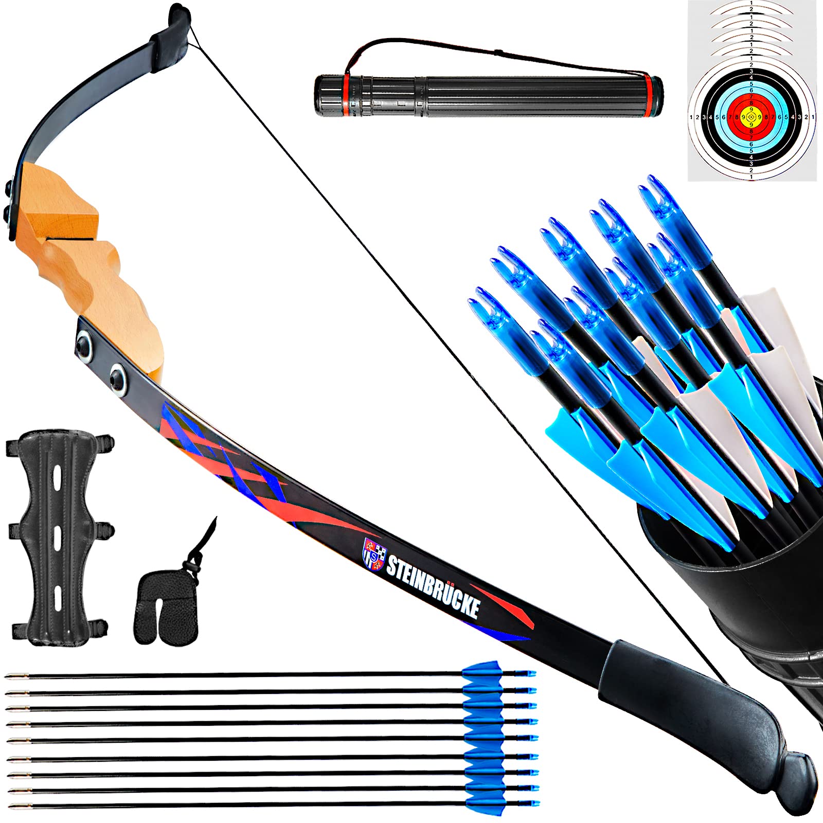 54” Archery Recurve Bow Beginner Set for Adults, 30/40 lbs – Includes 9 Arrows & 5 Target Faces for Outdoor Hunting & Training - 40 lbs