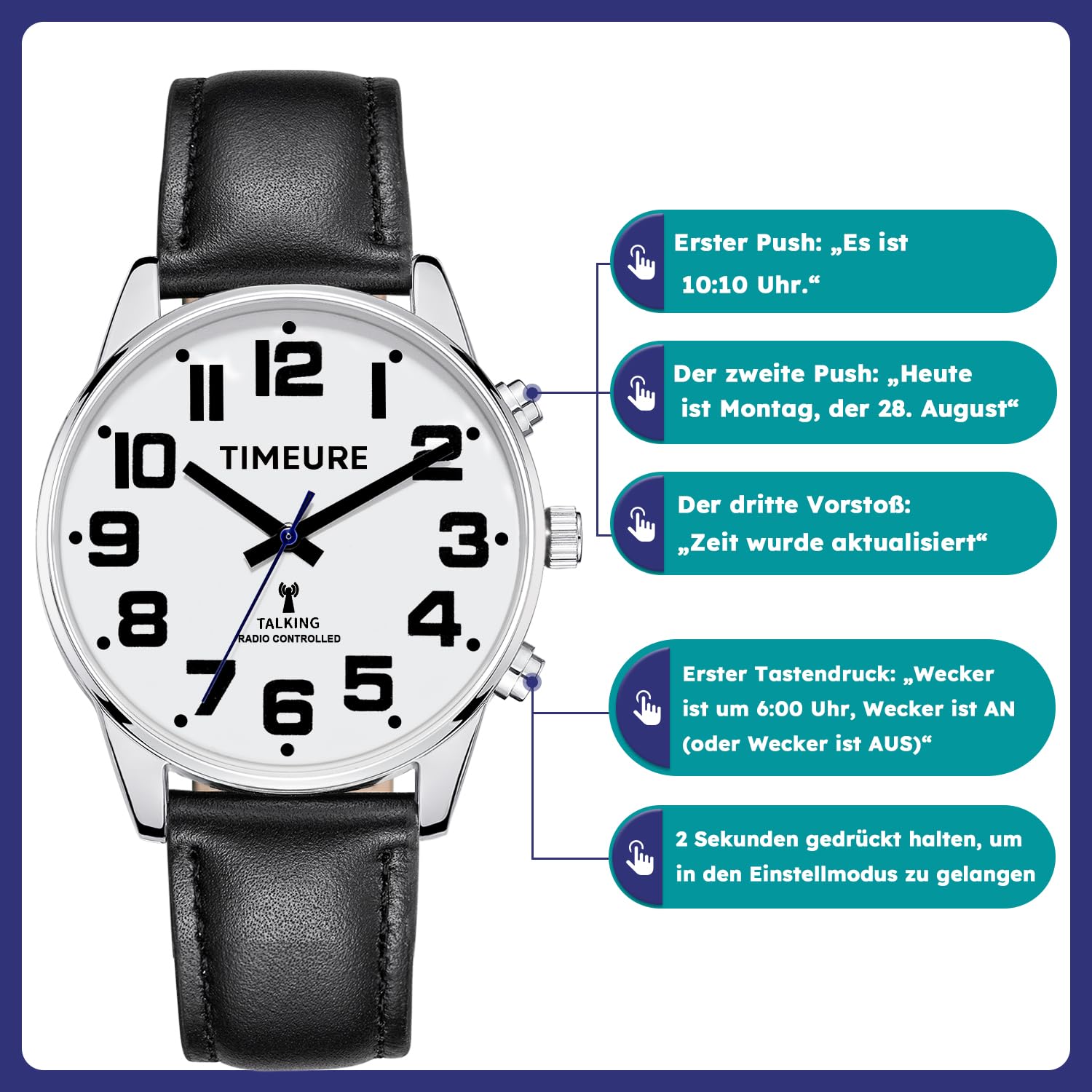 TIMEURE-2309M Sprechende Herren-Funkarmbanduhr mit Analoganzeige | Sprachansage von Uhrzeit und Datum. Automatische Zeitkalibrierung. Alarm und einstellbarer Stundenschlag.
