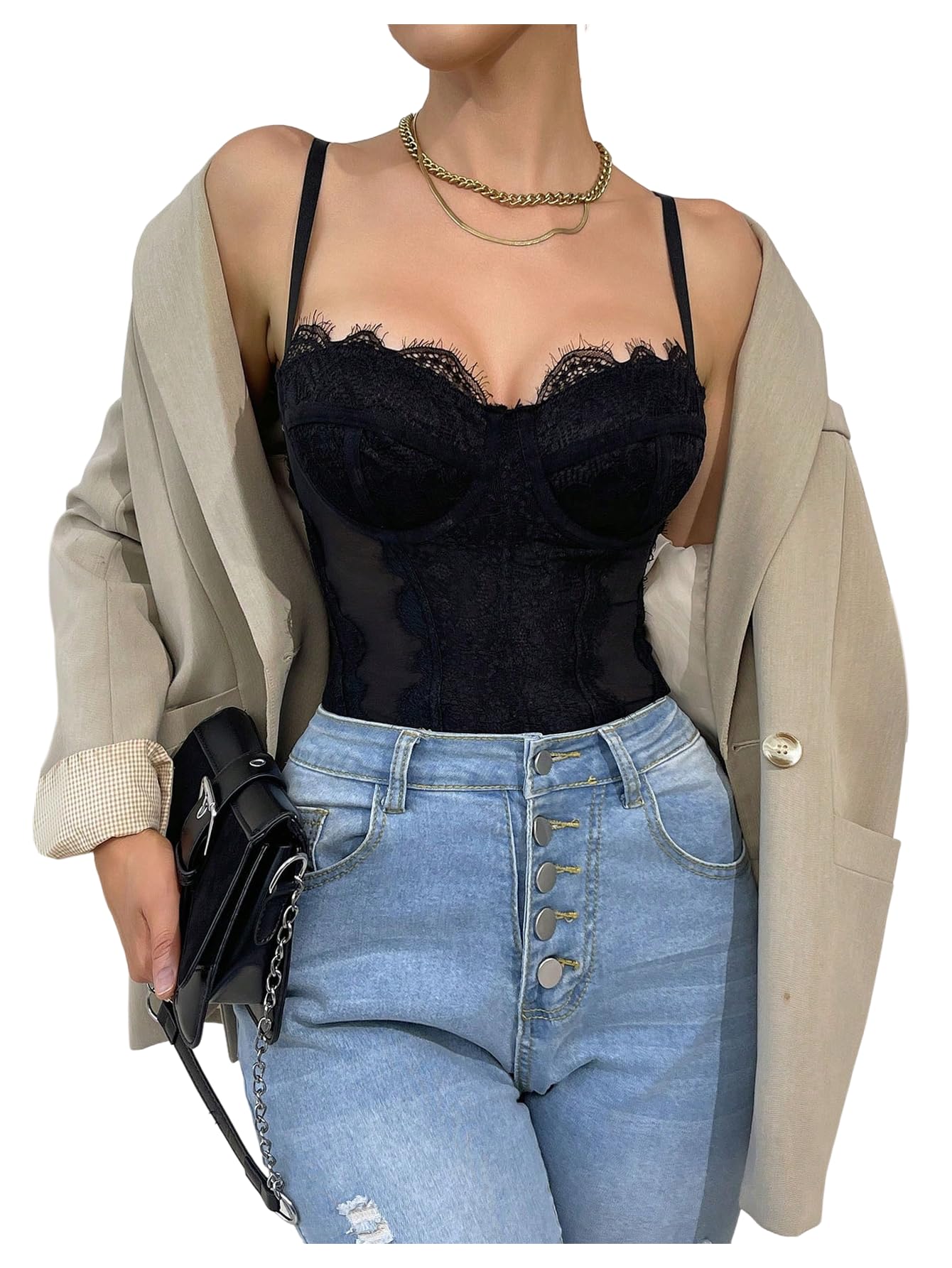 Women's Lace Underwire Bodysuit Mesh Tummy Control Spaghetti Strap Corset Body Shaper