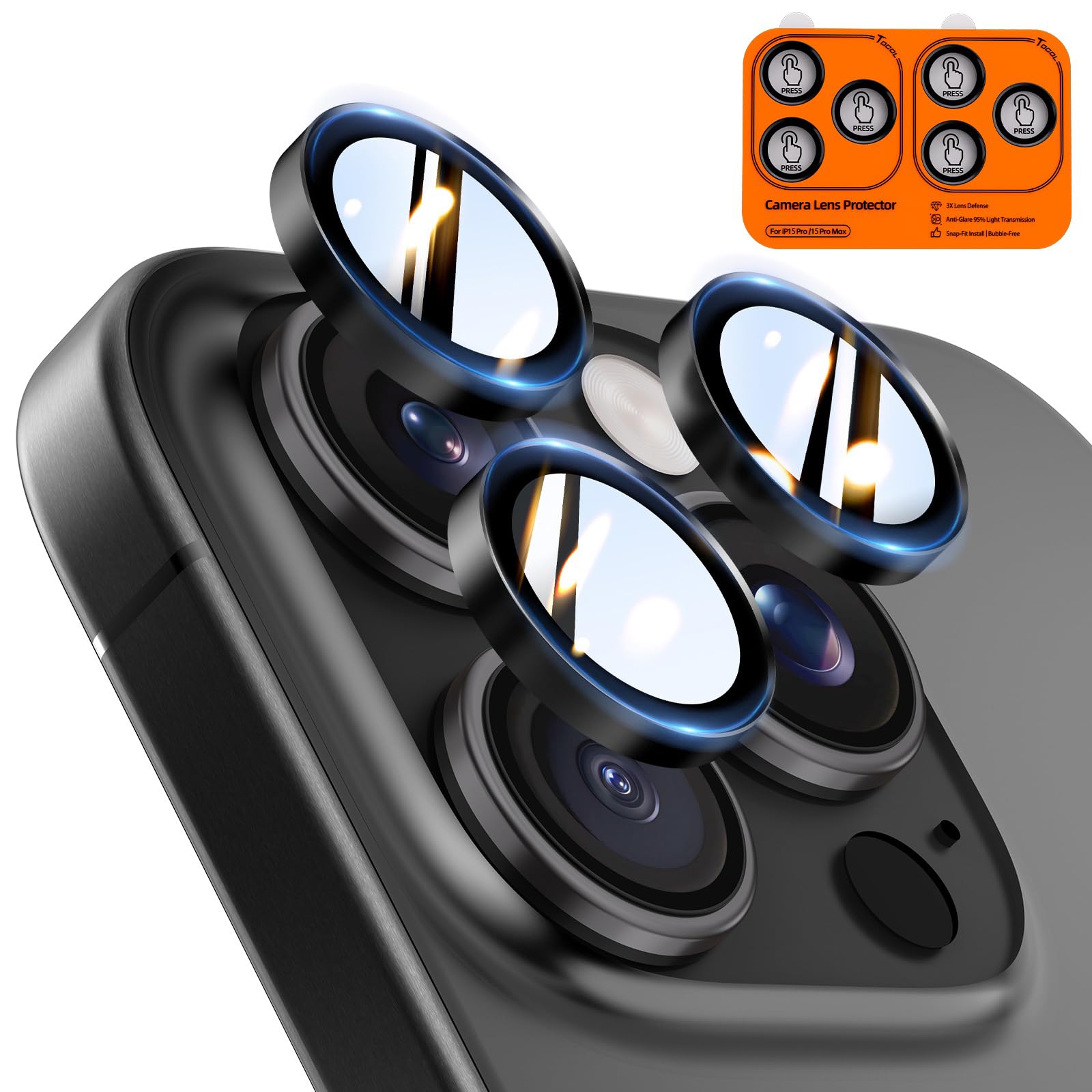 TOCOL 2 Pack for iPhone 15 Pro Max/iPhone 15 Pro Camera Lens Protectors, Individual Tempered Glass Protectors, Anti-Scratch, Easy Installation, Ultra HD Night Shooting Mode, Black