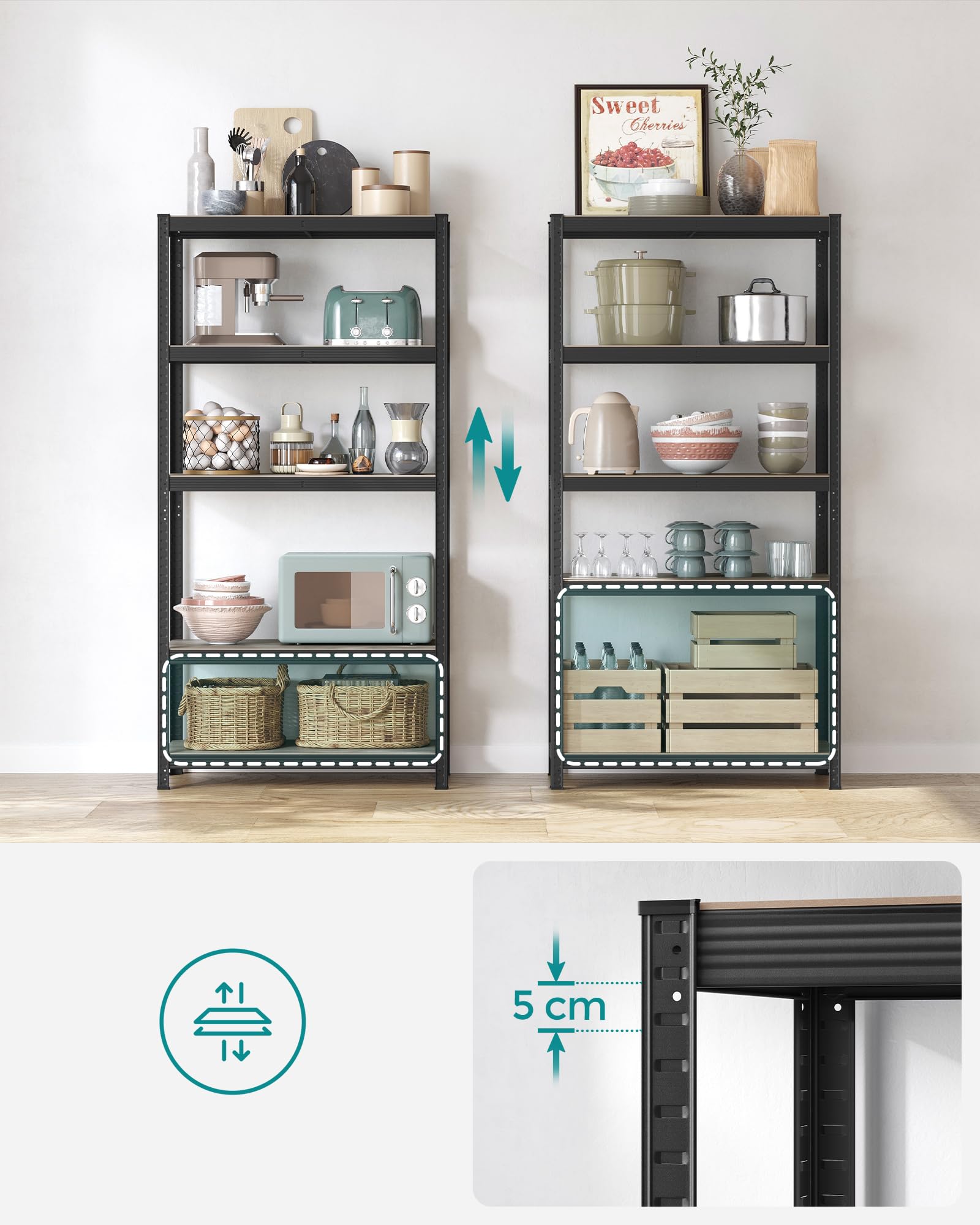 SONGMICS Półka wolnostojąca, zestaw 2 szt., półka na książki, półka do przechowywania, 5 półek, regulowana, 50 x 100 x 200 cm, każda o ładowności do 600 kg, do kuchni, salonu, szaro-czarny GLR050B22