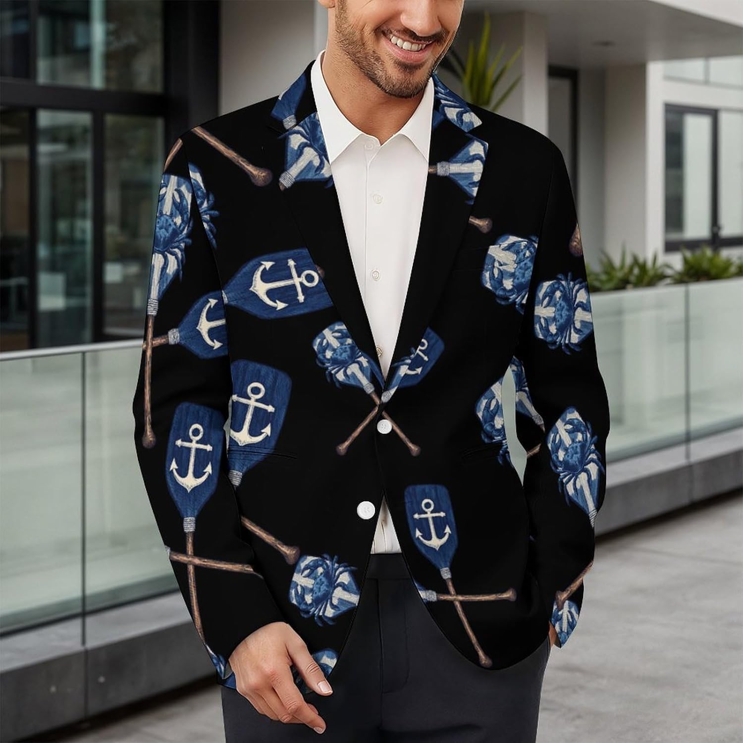 Navy Blue and White Oar Suit Jacket for Men Print Coat Jackets Dress Suits Party Wedding