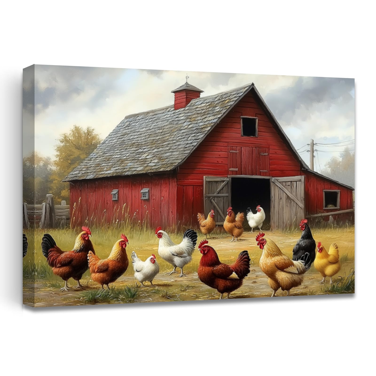AWPANERAR Chicken Wall Art Farm Animals Pictures for Kitchen Red Barn Artwork Rooster Canvas Prints Rustic Poster Farmhouse Decor Framed (28L x 42W)