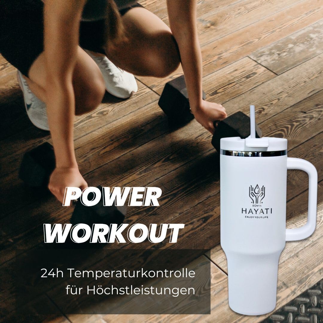 Gobelet isotherme de qualité supérieure 1,2 l/40 oz – Certifié TÜV, certifié LFGB – Sans BPA | Anti-fuite avec couvercle et paille | Gobelet en acier inoxydable avec gravure au laser, 8 h