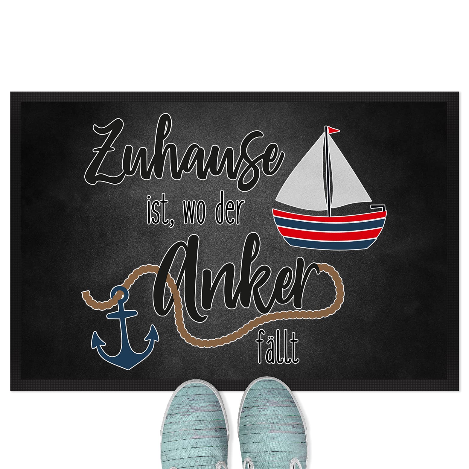 JUNIWORDS Fußmatte, Zuhause ist da, wo der Anker fällt, 90 x 60 cm, mit Gummirand