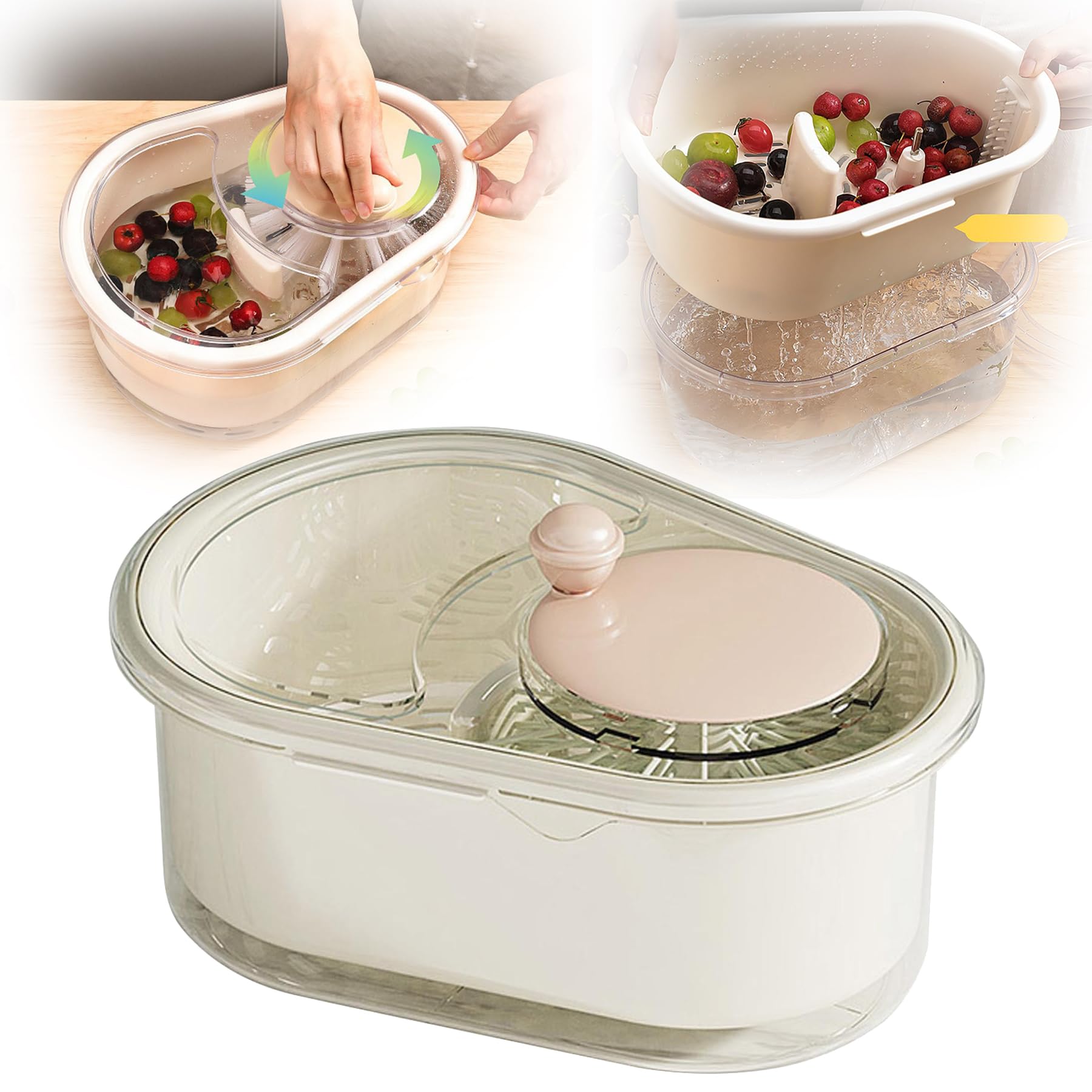 Limpiador Giratorio De Frutas Y Verduras, Lavadora Multifuncional Grande Con Cepillo Y Cuenco De Lavado Para Cocina Del Hogar (Rosa)