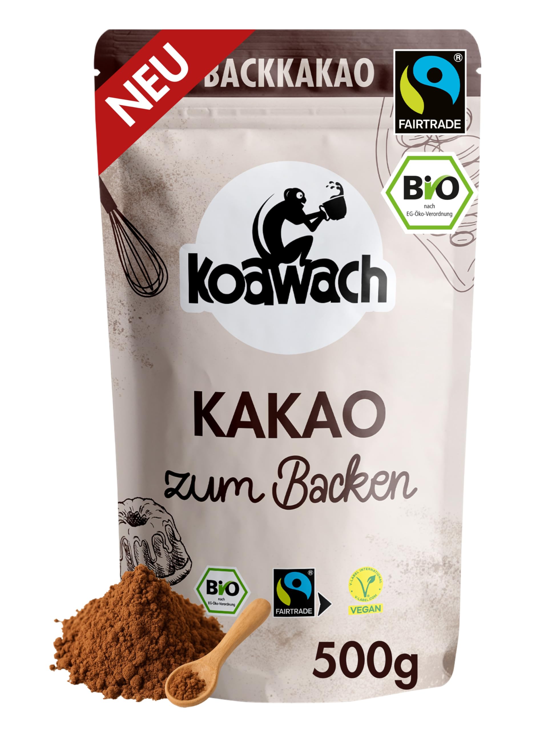 koawach Bio Backkakao Kakaopulver versch. Größen. Ohne Koffeinzusatz, vegan, fairtrade. Ohne Zuckerzusatz & Aromen. Perfekt zum Backen, Trinkschokolade. Wiederverschließbare Verpackung (500g)