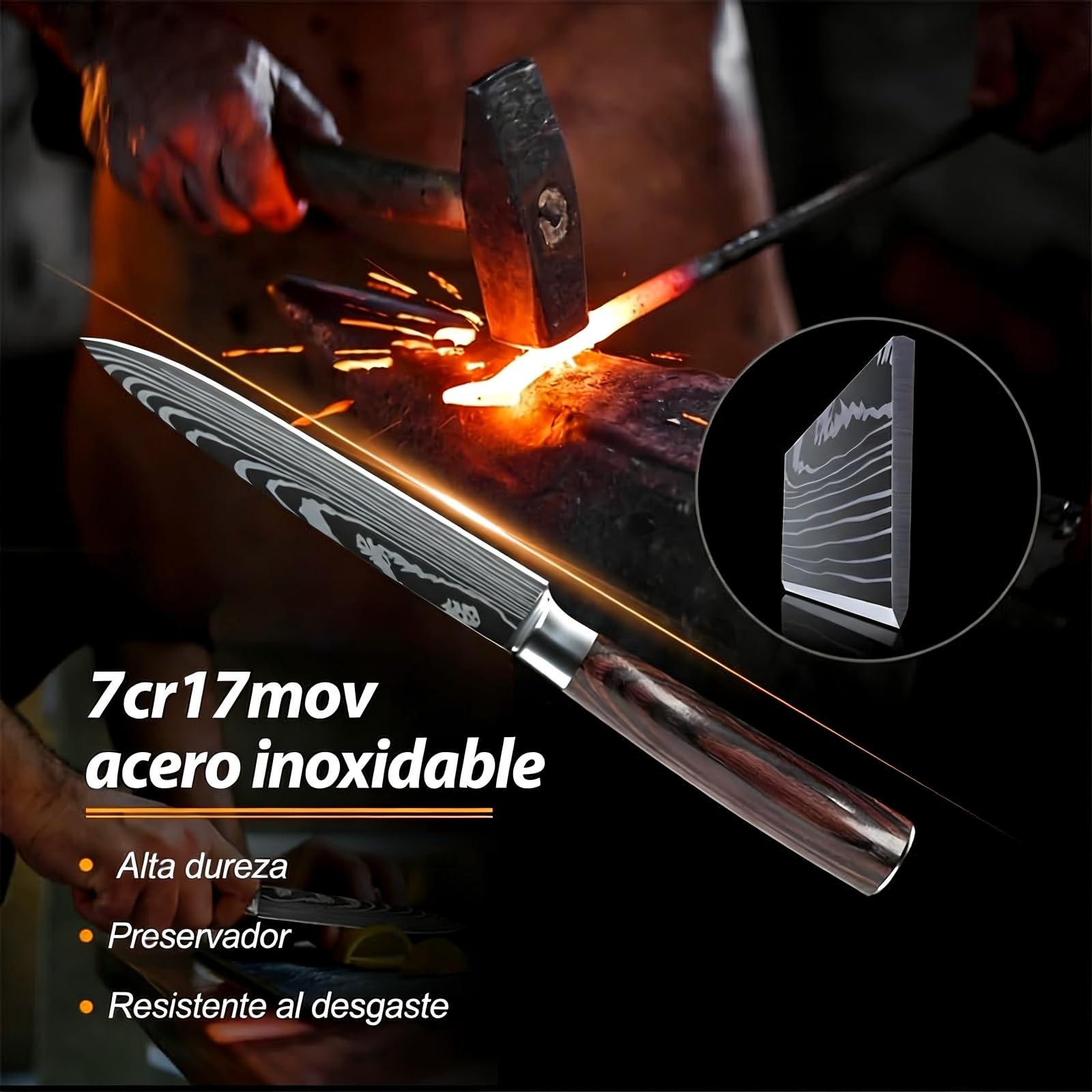 5pz Set di coltelli da cucina, set di coltelli da cucina, acero inoxidable al carbono, Cuchillos de Cocina, lame affilate, coltello da chef, Mango Ergonómico de Madera