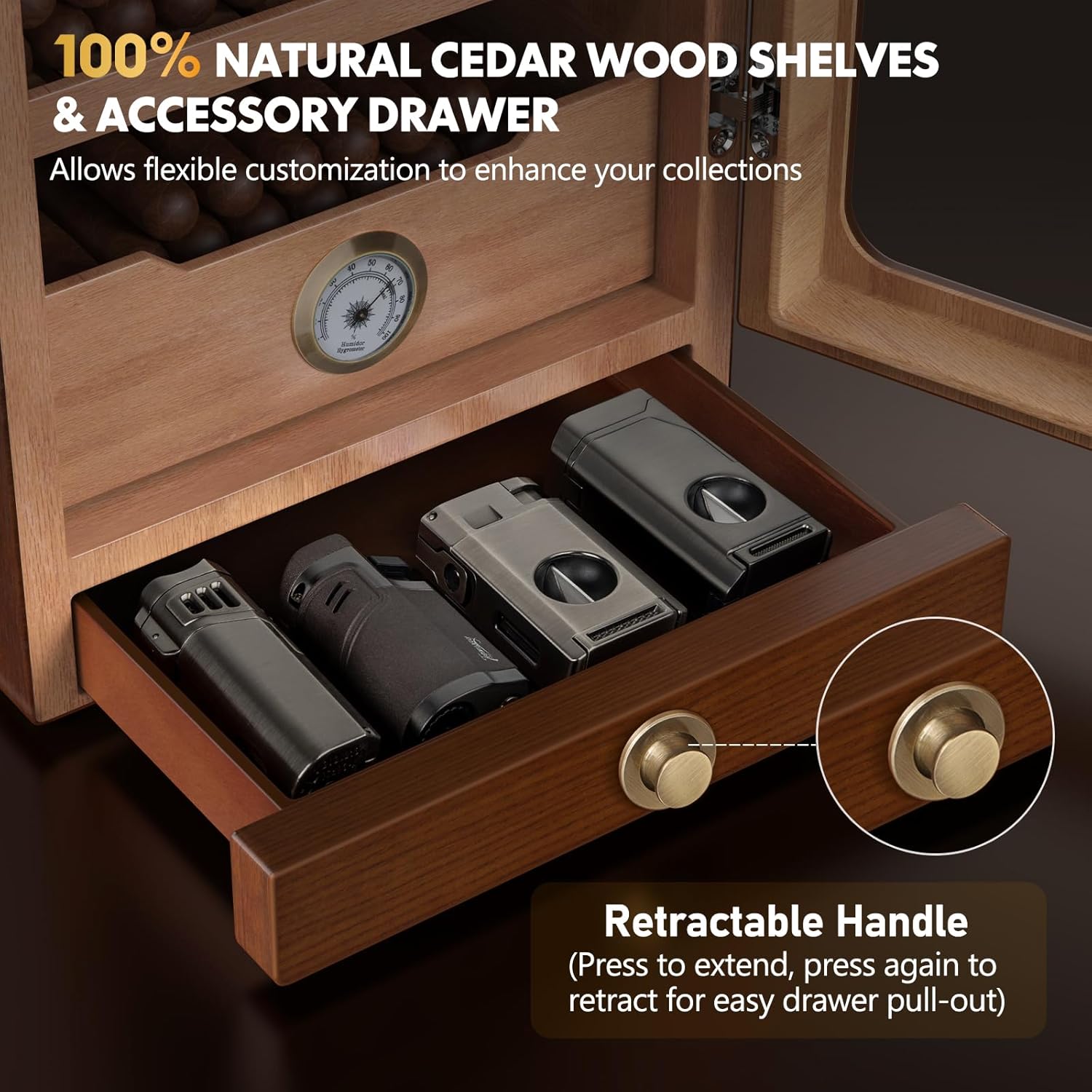 Cigar Humidor, Desktop Cigar Humidor Cabinet Light Control System with Spanish Cedar Wood Shelves, Hygrometer, 3 Humidifiers and Cigar Accessories Drawer, Father's Day Gift for Men (Brown) - Image 5