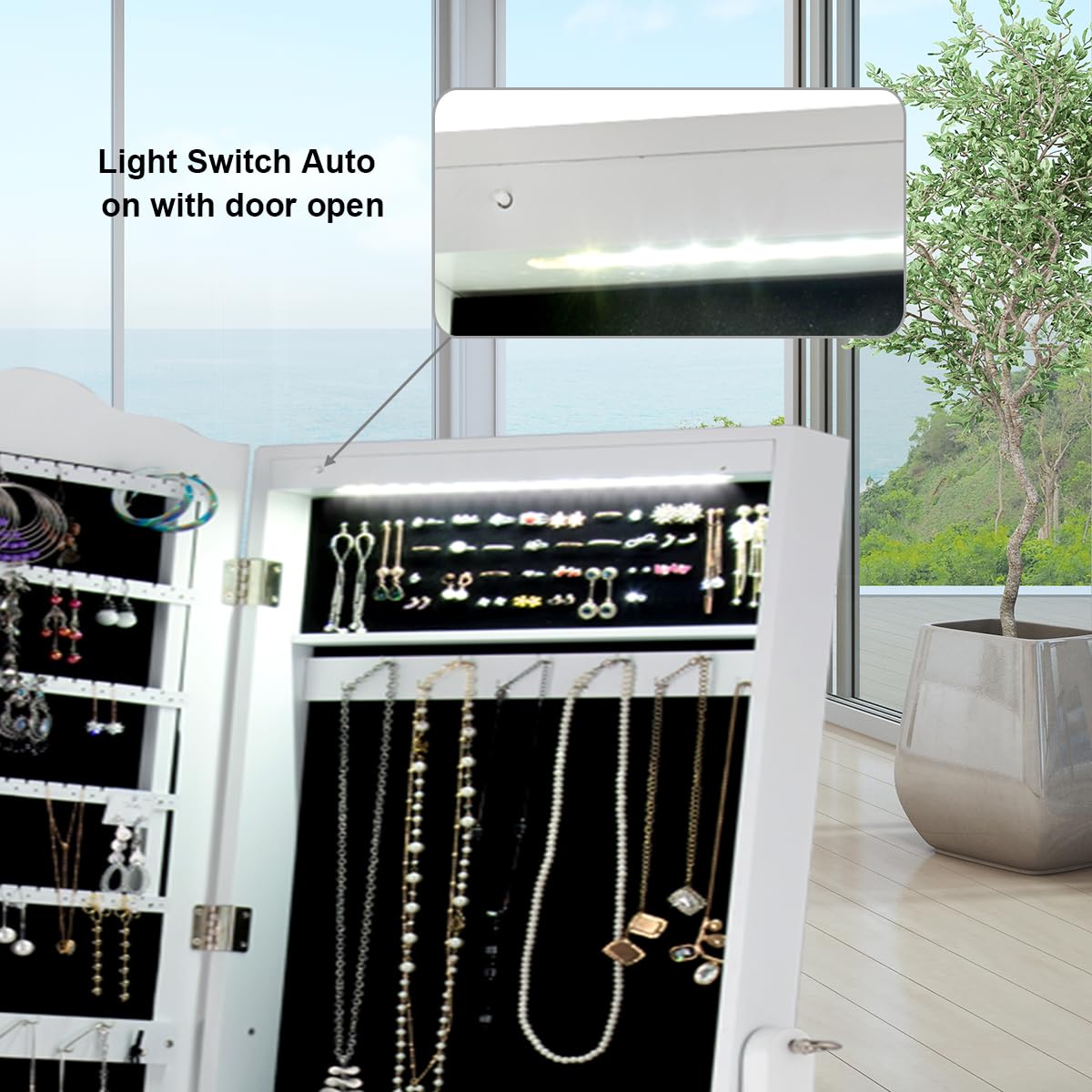 HOMASIS Armoire à bijoux avec miroir, étagère à bijoux verrouillable et 14 LED automatiques, armoire à bijoux sur pied avec support, 4 angles d'inclinaison réglables (blanc)