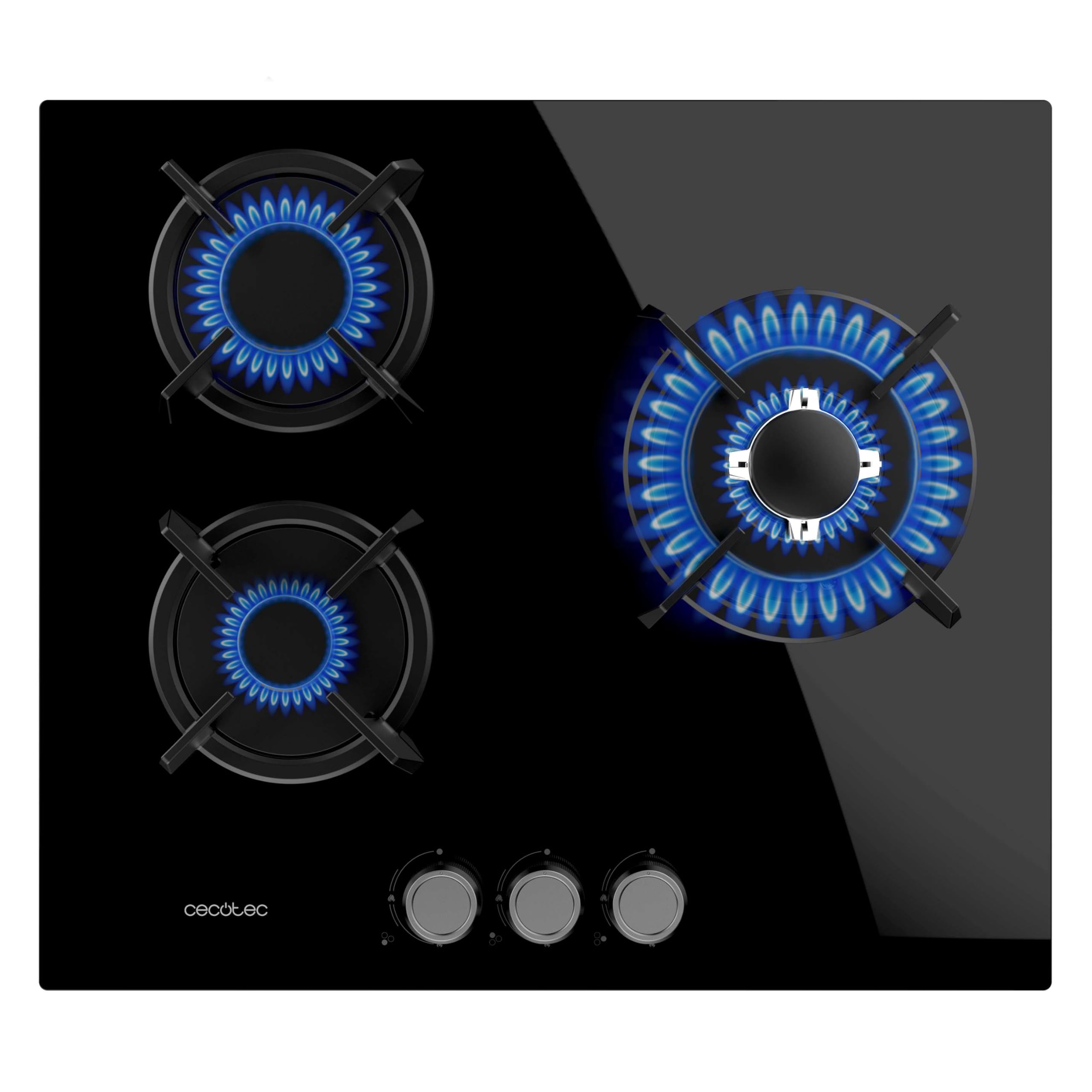 Cecotec Placa de Gas Butano y Natural 3 Fuegos Bolero Squad G 3200S Glass Black. 6250W, Cristal Negro, Parrillas Individuales Hierro Fundido, WOK Triple Corona, Encendido Eléctrico, Sistema Seguridad
