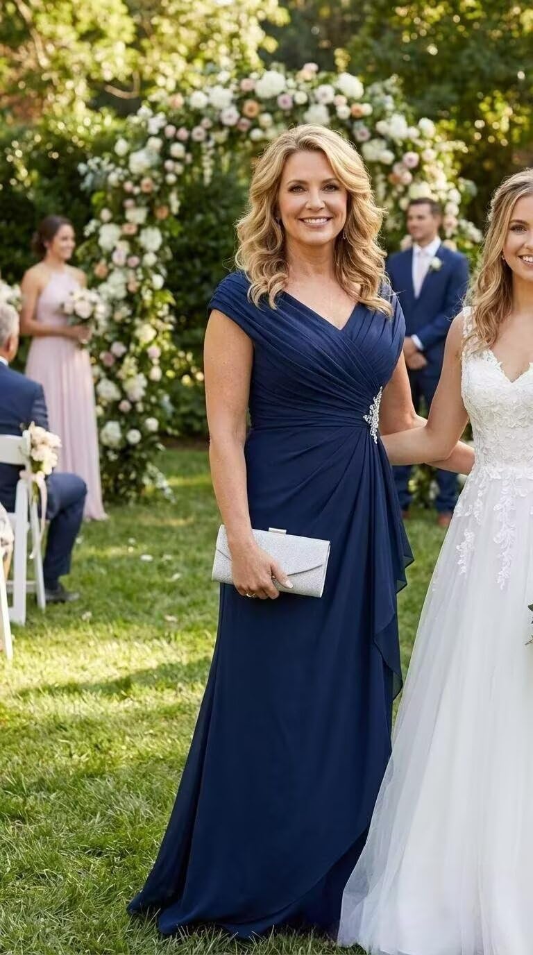 Cap Sleeve Mother of The Bride Dresses for Women with Applique Chiffon Pleated V Neck Long Formal Dress