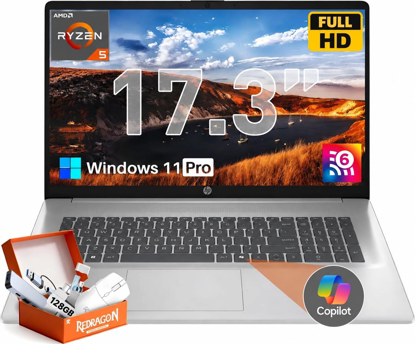 HP 17 Inch Laptop AI PC, 17.3" FHD IPS Display, AMD Ryzen 5 7430U, 32GB RAM, 1TB SSD, Copilot AI, Anti-Glare, Fast Charge, Wi-Fi 6, Webcam, Windows 11 Pro, Accessories 32 GB 1 TB