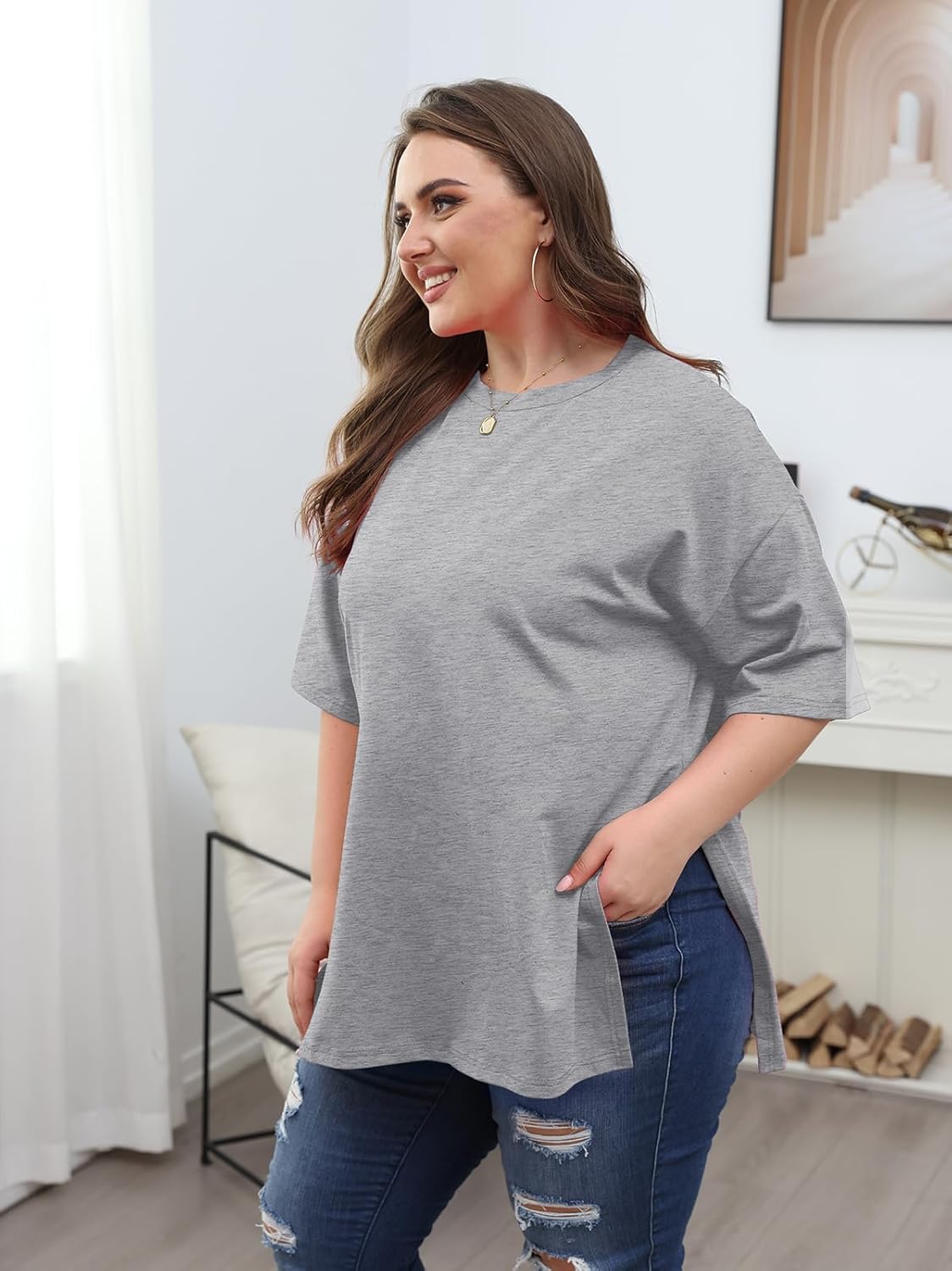 VNIRA Plus Size T Shirt for Women Oversized Cotton Short Sleeve Workout Top Loose Fit Side Split Casual Basic Tunic Top - Image 3