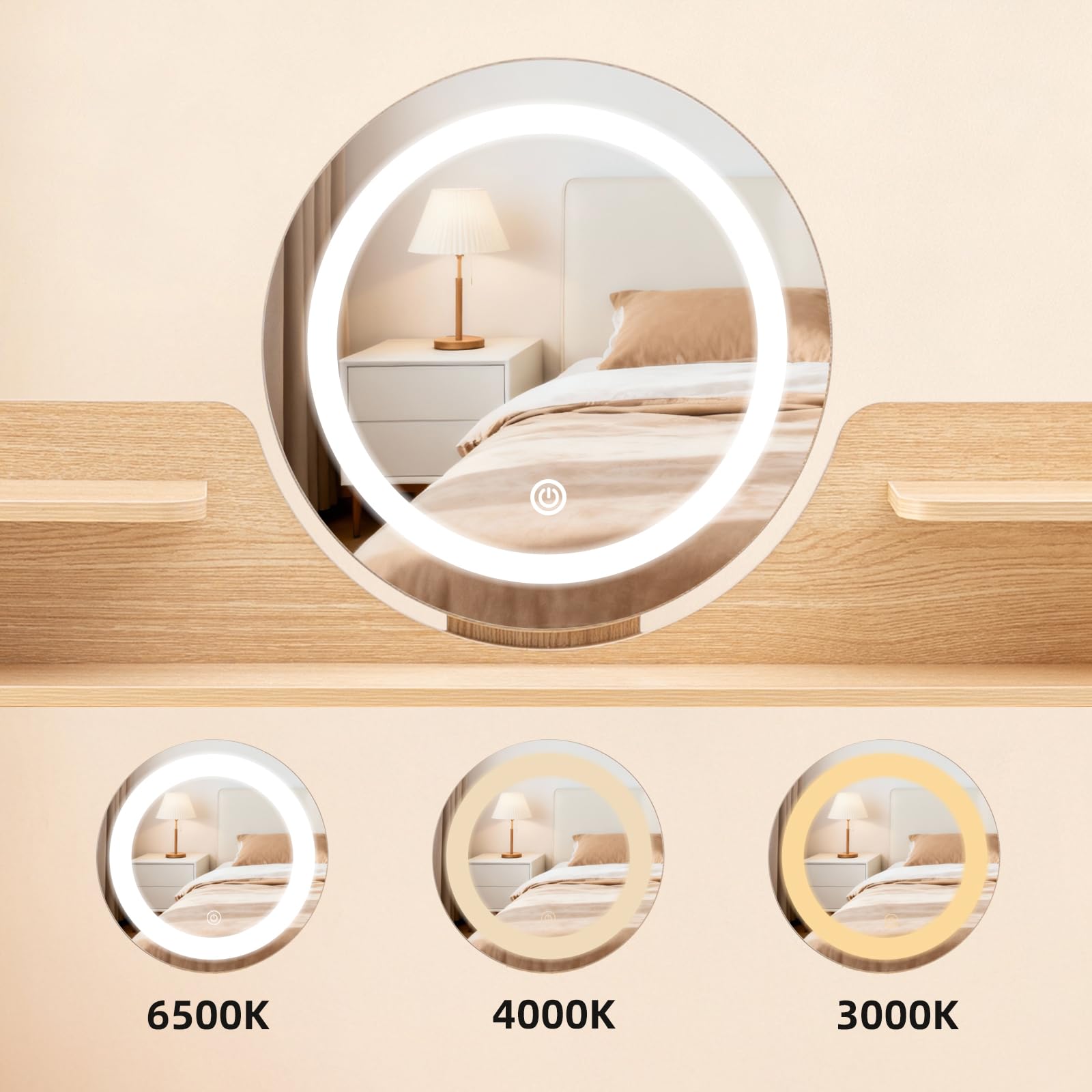 Coiffeuse avec Miroir LED, 3 Couleurs, Table de Maquillage avec 5 Tiroirs et 3 Étagères, Meuble Chambre avec Rangement, Bois et Blanc, Style Moderne, 80 cm - 100 cm Longueur, Blanc et Bois