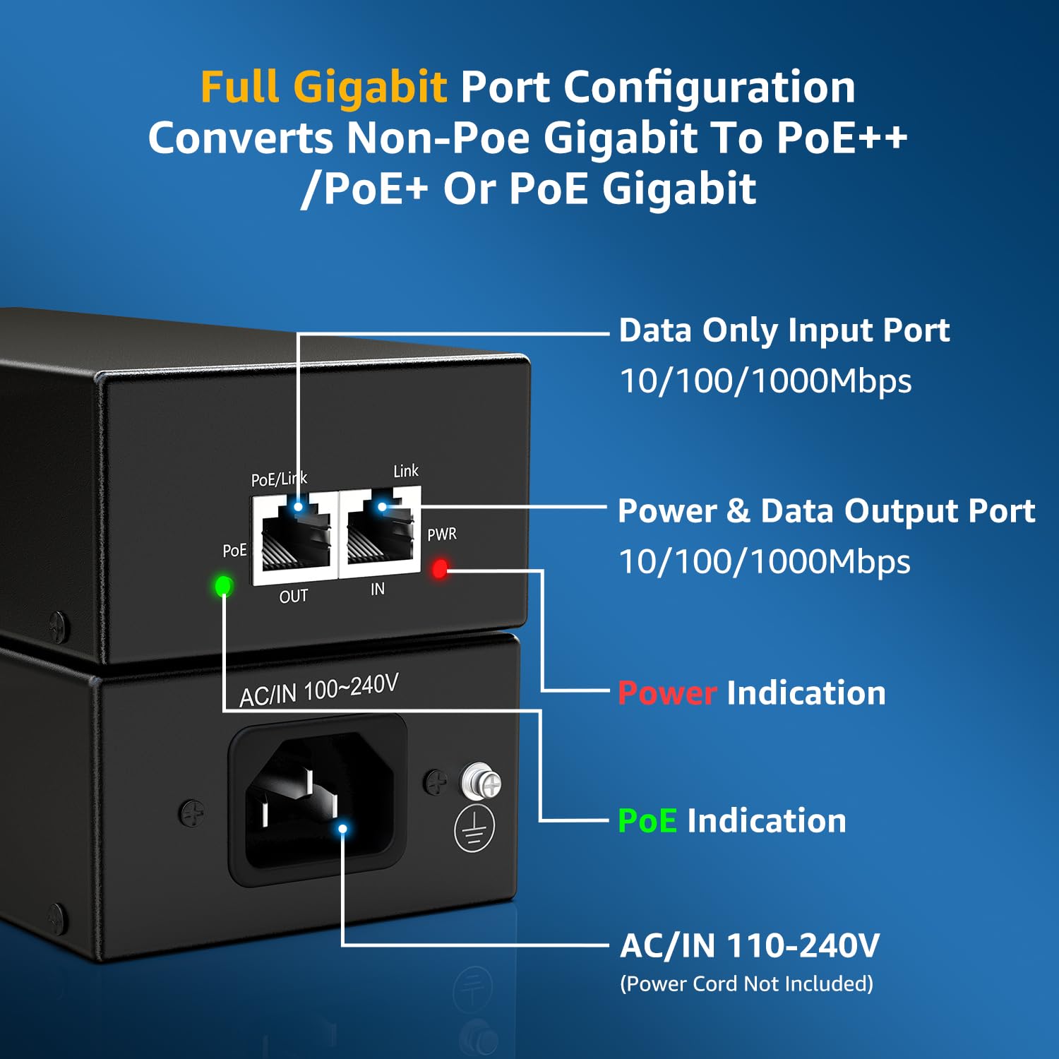 YuanLey Gigabit PoE Injector 90W, PoE wtryskiwacz przekształca bez PoE w PoE, IEEE 802.3bt/at/af, 10/100/1000Mbps Ultra PoE adapter Plug & Play, do 100 metrów, metalowa obudowa, montaż ścienny