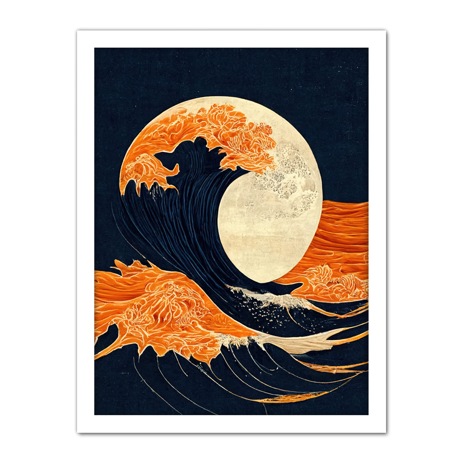 Wee Blue Coo The Great Wave at Full Moon Modern Japanese Seascape Woodblock Artwork Framed Wall Art Print 18X24 Inch