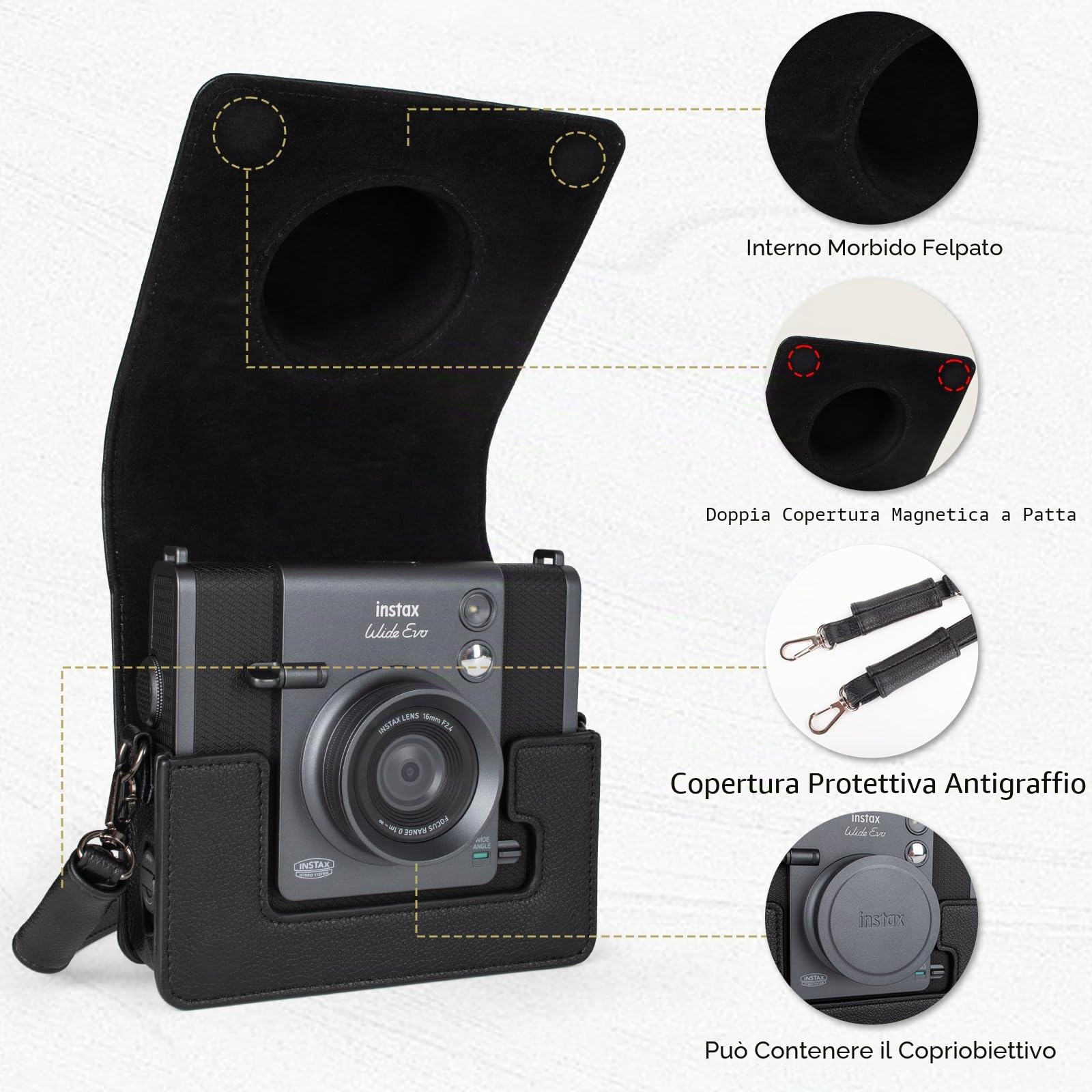 Custodia Instax Wide EVO, cover protettiva compatibile con la fotocamera istantanea ibrida Fujifilm Instax Wide EVO, custodia in pelle PU con tracolla regolabile - Nero retrò