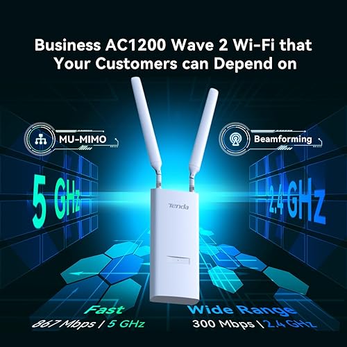 Miniatura 2 de Tenda Punto de acceso Wi-Fi para exteriores AC1200 de doble banda (OAP1200), MU-MIMO, IP65 impermeable, alimentación PoE, ideal para patio trasero y