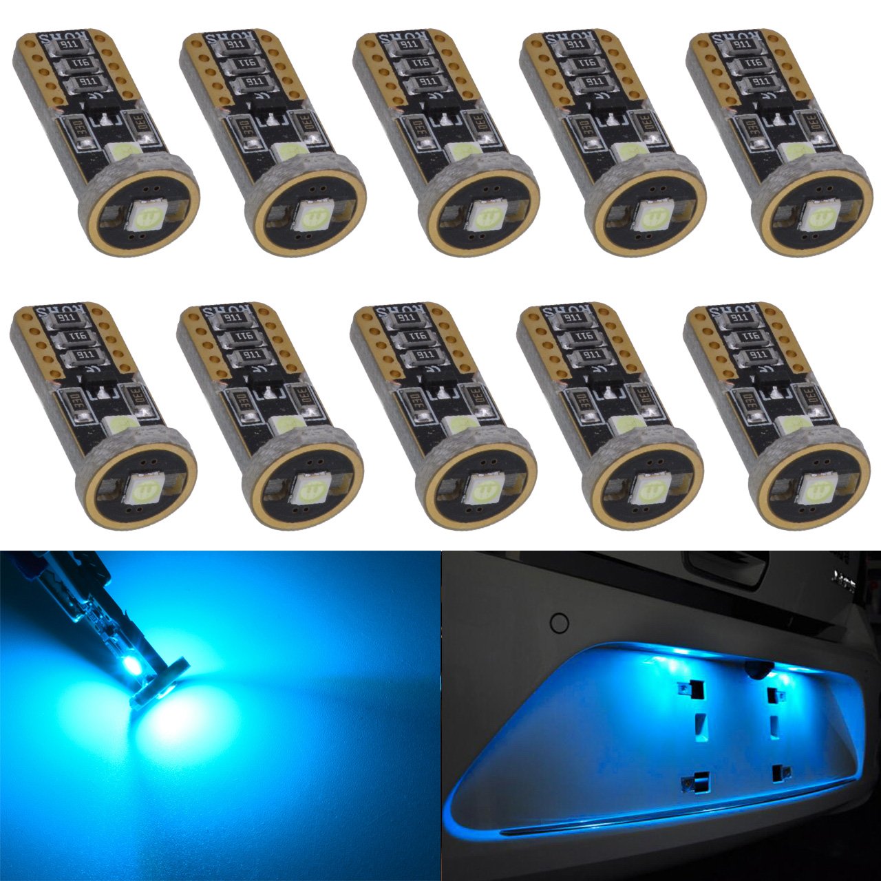 KATUR T10 Canbus - Bombillas LED para coche, color azul hielo, T10, W5W, 3 SMD 5050, superbrillantes, 194, 168, 175, 192, 2825, cuña, luces LED, fuente de repuesto para luces de coche (100 unidades)