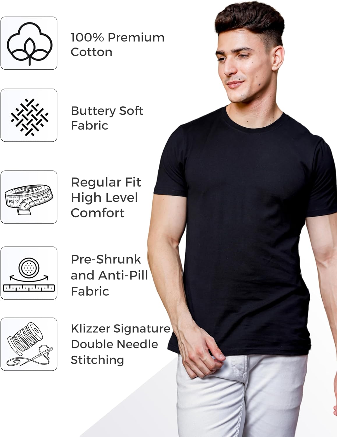 Klizzer 100% Cotton T Shirts for Men - Soft Premium Pack of 3 Regular Fit Crew Neck T-Shirts Plain Short Sleeve Tees - Image 2