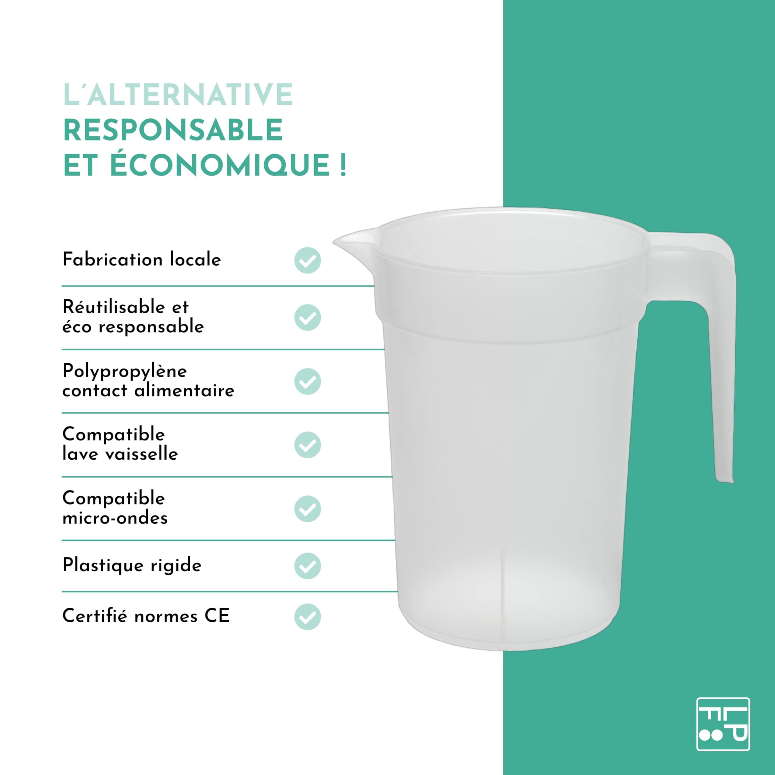 LPF LE PETIT FOURNISSEUR - Lot de 20 Pichets réutilisables 1 Litre - Polypropylène plastique alimentaire rigide (PP) - Carafe à eau, thé glacé, boissons - Compatible lave-vaisselle - Transparent Givré