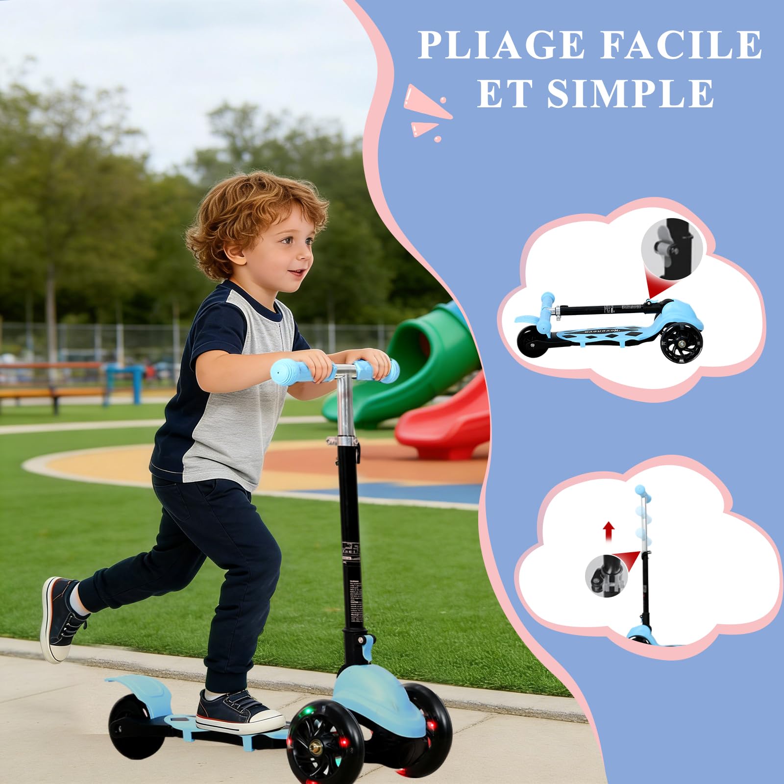 Trottinette Enfant Pliable Classique 3 Roues Antidérapant, Trotinette Enfant 2-5 Ans Guidon Réglable en Hauteur 3 Niveaux(57-72CM), Trottinette Adolescent Roue Lumineuse LED, Enfant 80~120 CM