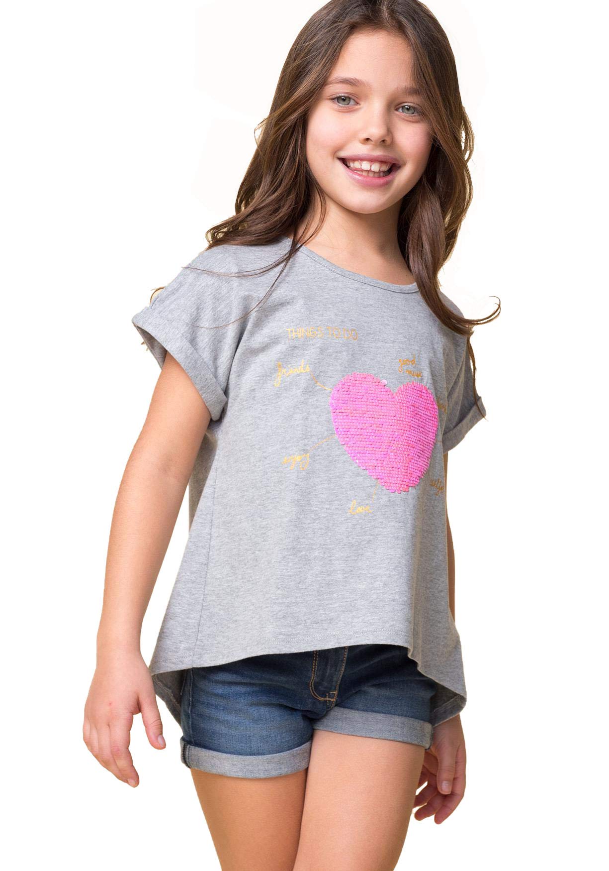 PETIT ALO Camiseta de Manga Corta para Niña Detalle Lentejuelas Corazón| Top para Niña Verano | Camiseta Niña Desde 4-16 Años