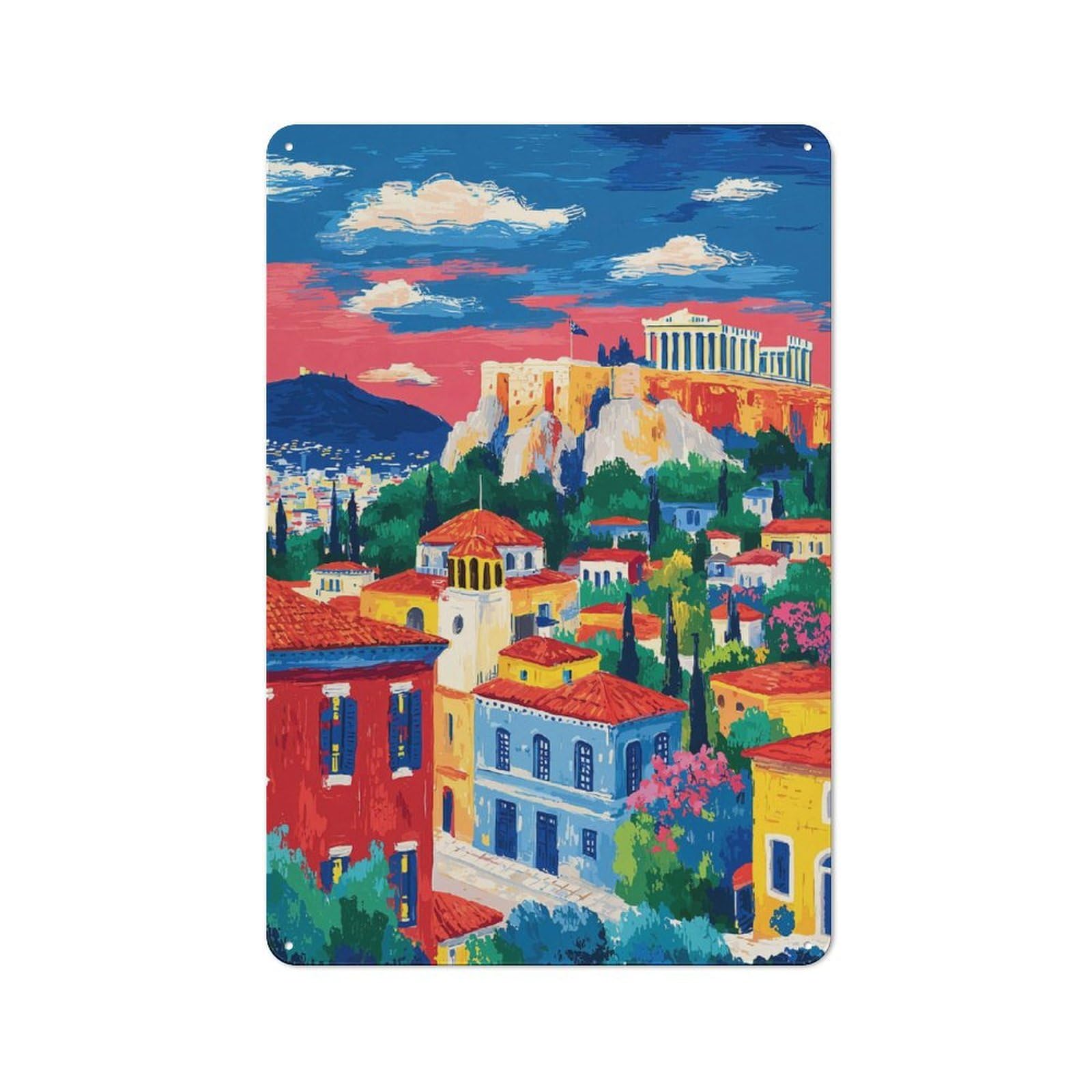Country Metal Sign with Athens Cityscape Painting with Acropolis View Design 30x20cm, Barn Style Rustic Kitchen Decor for Farmhouse Kitchen, Pantry Or Dining Area