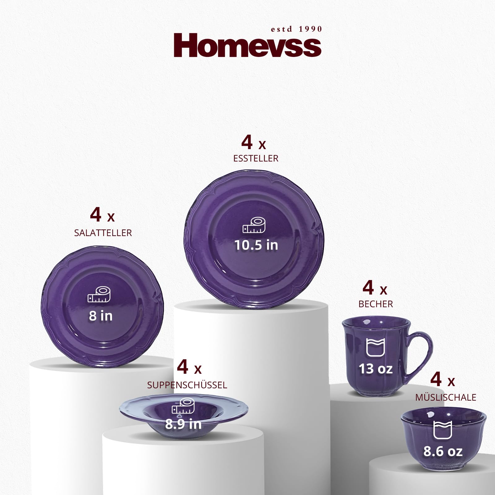 Juego de vajilla de 20 piezas, juego de platos y cuencos, vajilla de gres para 4 personas, apta para microondas y lavavajillas, resistente a los arañazos, color morado antiguo moteado estilo campestre