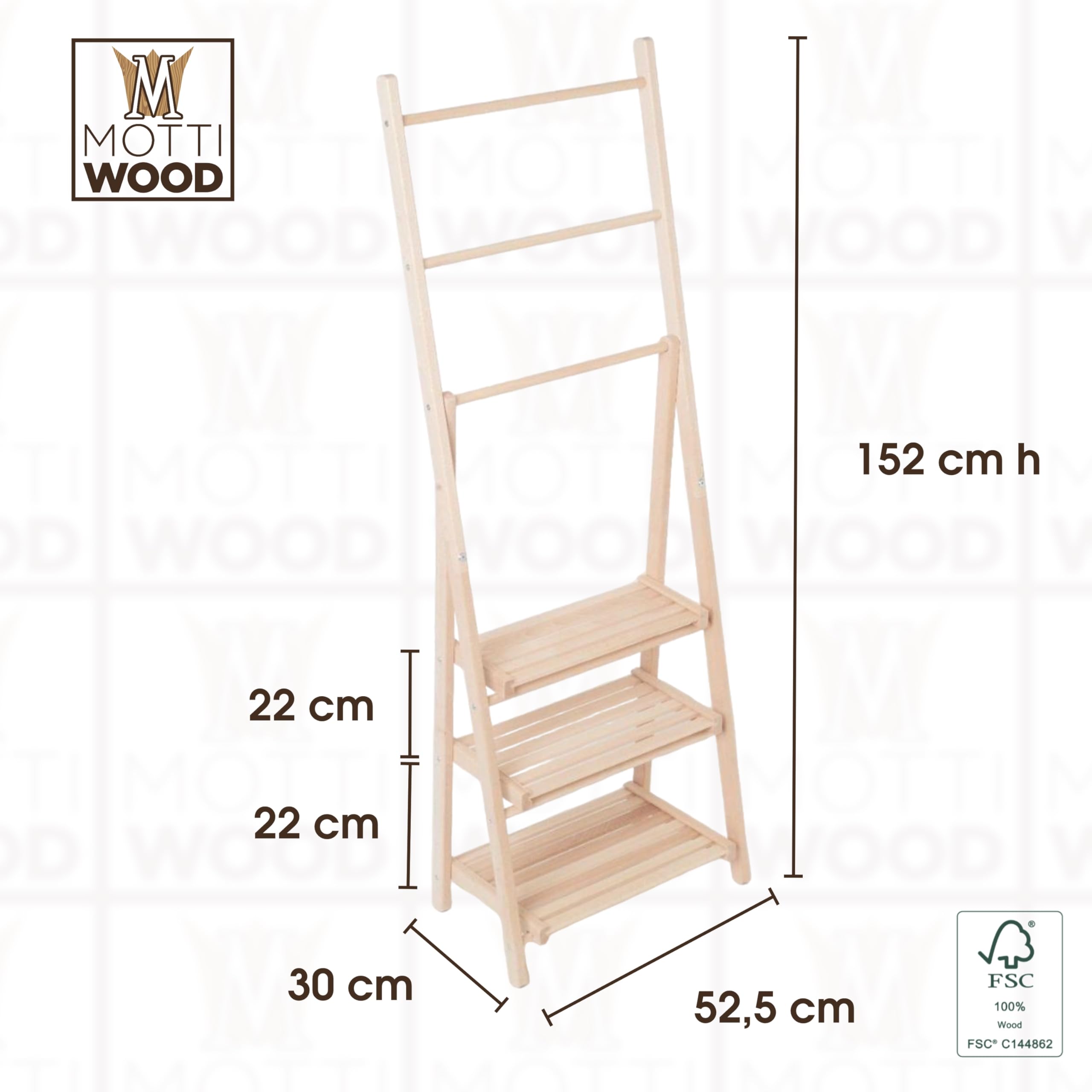 Porta Asciugamani Da Terra Mottiwood - 3 Aste E 3 Ripiani, Legno Faggio, Made In Italy - Foto 2