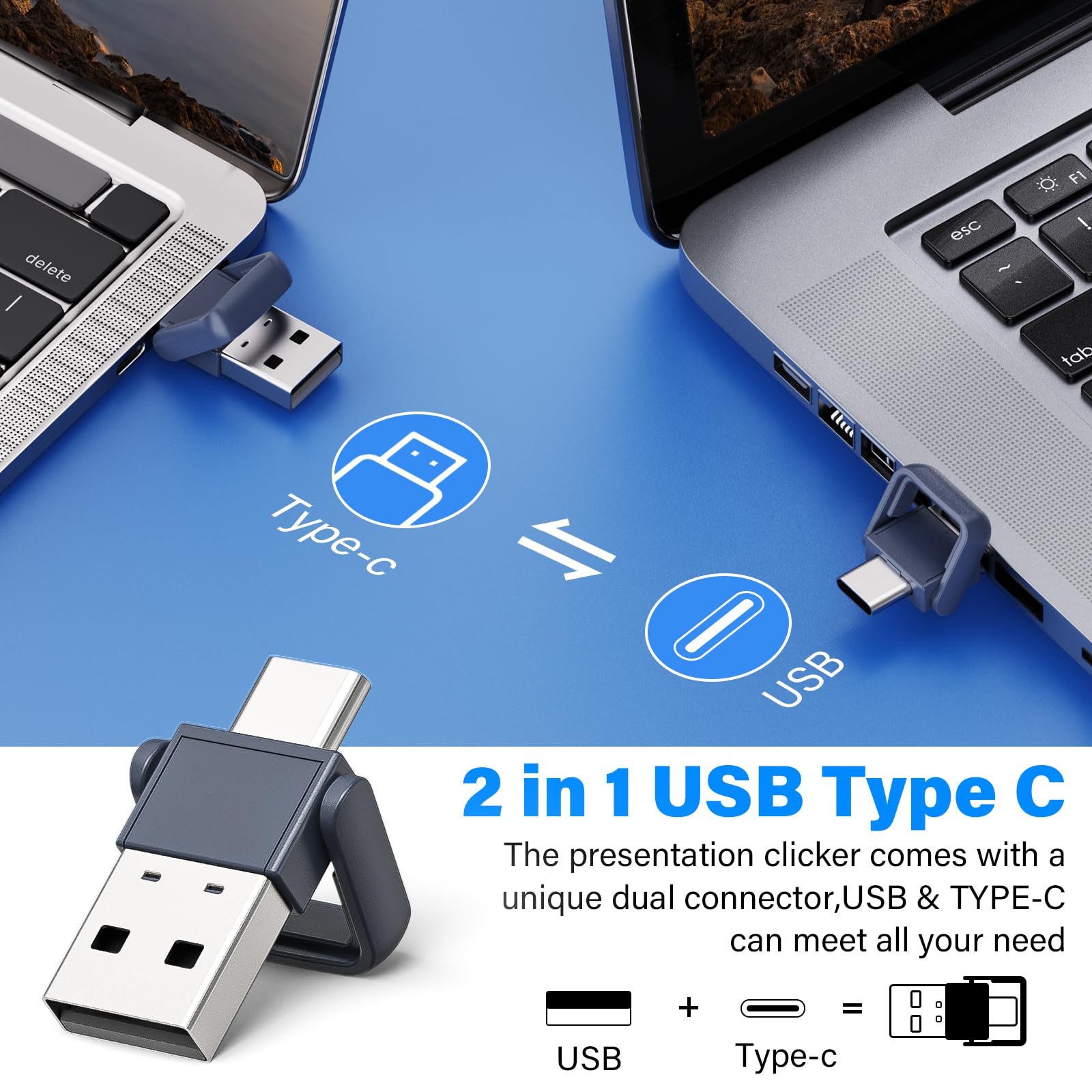 Clicker per presentazioni USB tipo C 2 in 1, telecomando wireless ricaricabile, per presentazioni PowerPoint, puntatore per presentazioni con controllo del volume per Mac, computer, PPT