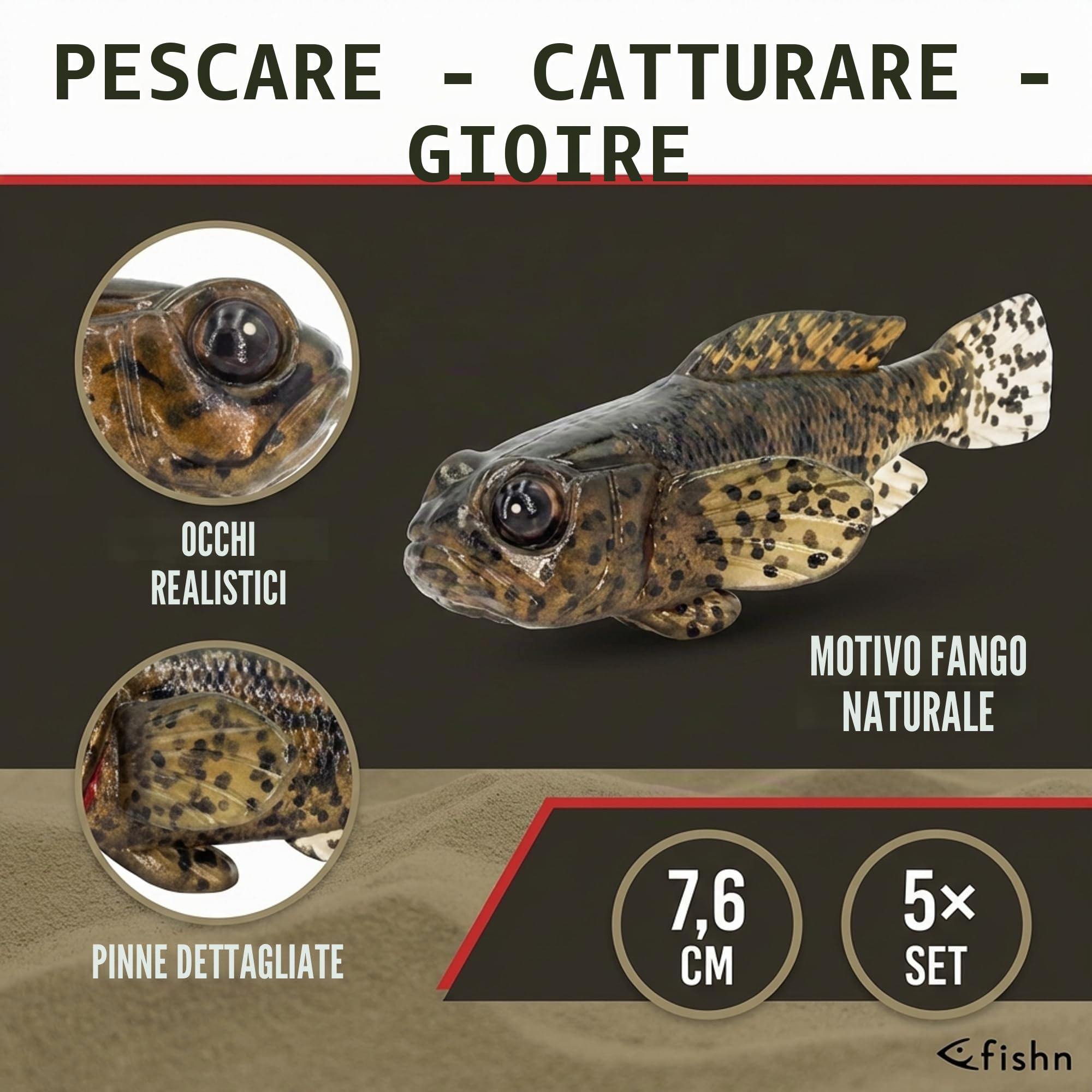 FISHN Set di 5 pesci di gomma GOBYONE 7,6 cm 9 gr ultra realistici per la pesca di pesce persico e