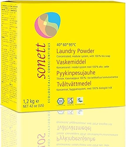 Sonett - Detergente orgánico en polvo para ropa de colores 42 oz / 1,2 kg - Con jabón de aceite vegetal orgánico, sin enzimas, sin OMG. Adecuado