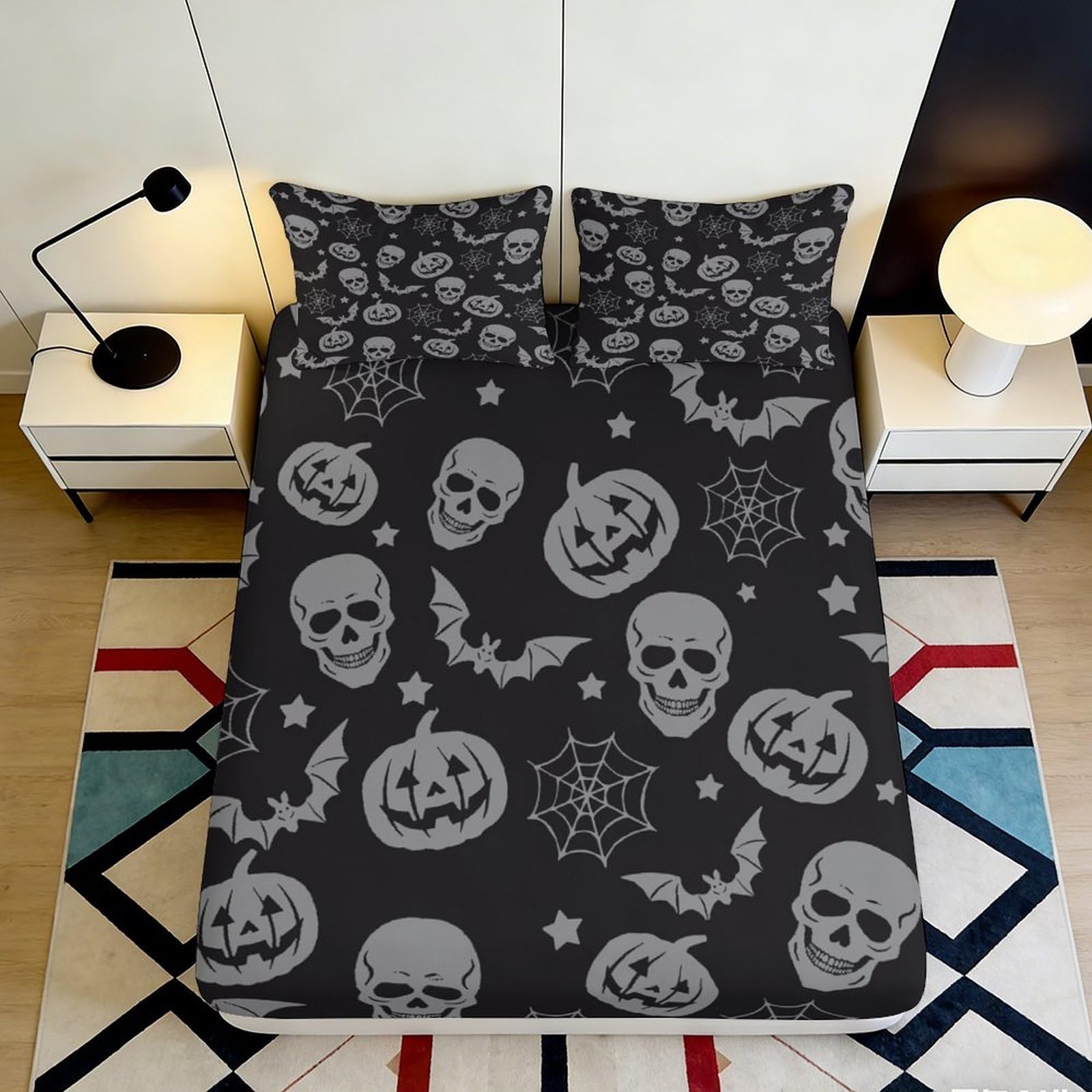 3D Printed Halloween Skull Fitted Sheet Microfiber Black Pumpkin Bat Mattress Cover for Bedroom Dorm Decor 90x200x25cm