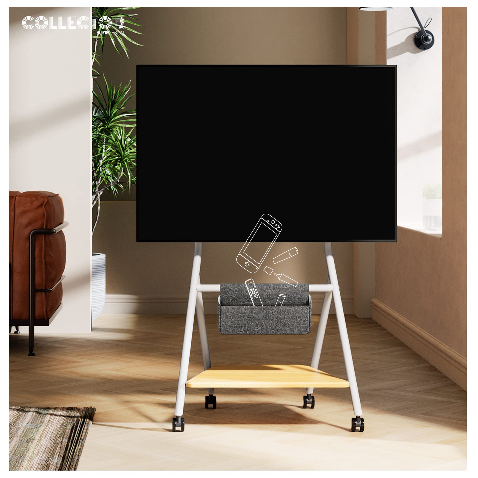 FITUEYES Supporto TV da Pavimento per Schermi 46 50 55 60 65 Pollici con Ruote, Carrello Moderno Mobile TV ad Angolo con Ripiani in Legno, Serie COLLECTOR