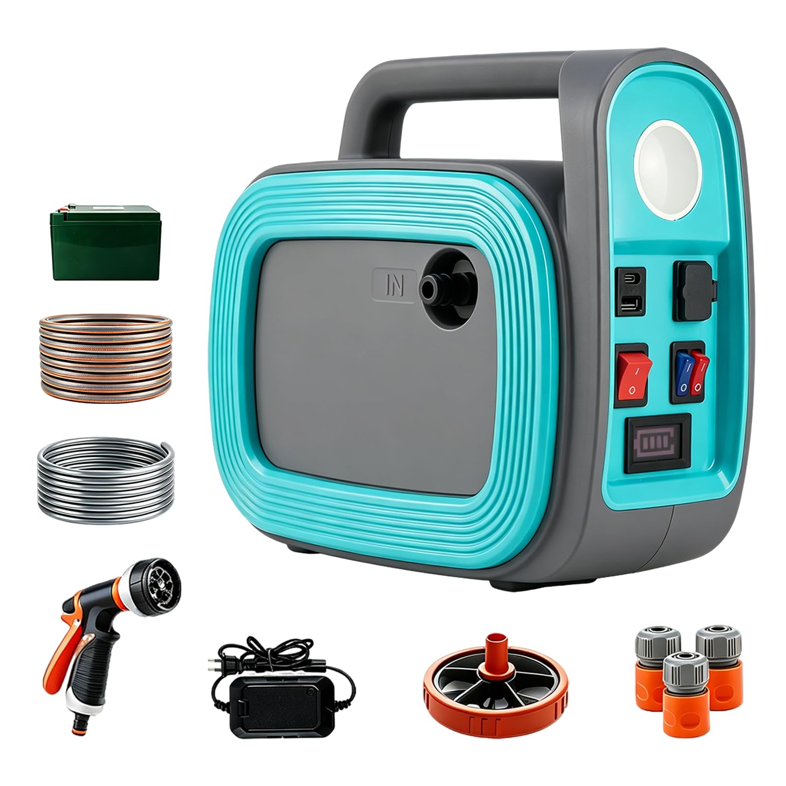Pompe à Eau Sans Fil 12000 mAh, Pompe Auto-Amorçante Portable (Hauteur de Refoulement 2,5 m), Pompe Électrique avec Éclairage LED et Fonction Power Bank, Inclut Tuyaux 10 m et Pistolet d'Arrosage