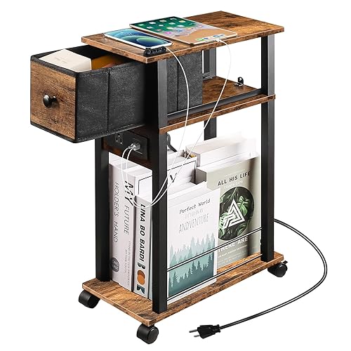 DGSANDGO Side Table with Charging Station and Drawer, Narrow End Table with USB Ports and Outlets for Small Space, Living Room, Bedroom and Office, with 4 Wheels (1, Rustic Brown + Black) - Rustic Brown - 1 PC