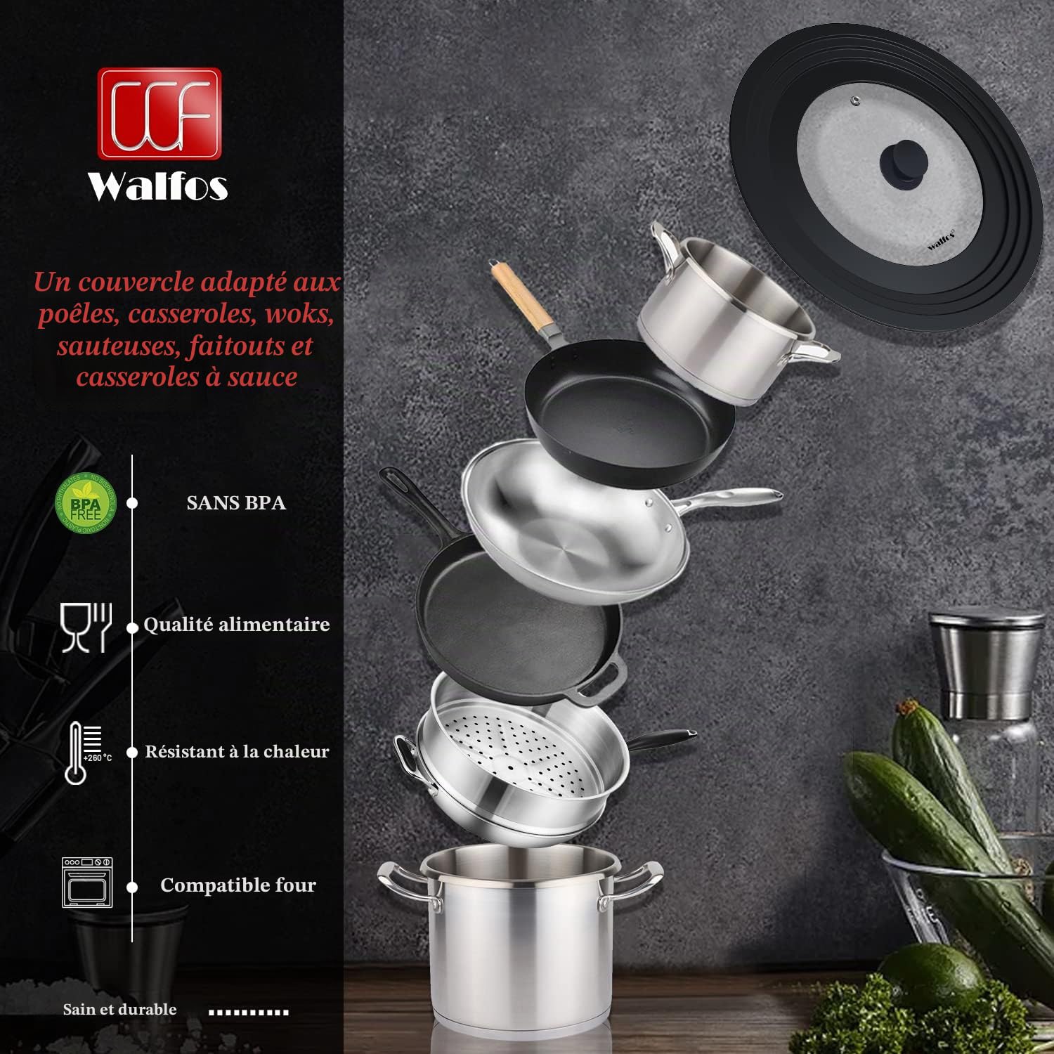 Walfos Couvercle universel Ø 30, 28, 26, 24 et 20 Couvercle en verre pour casseroles, poêles avec bord en silicone gradué, Couvercle pour poêles et casseroles, Couvercle de casserole résistant à la