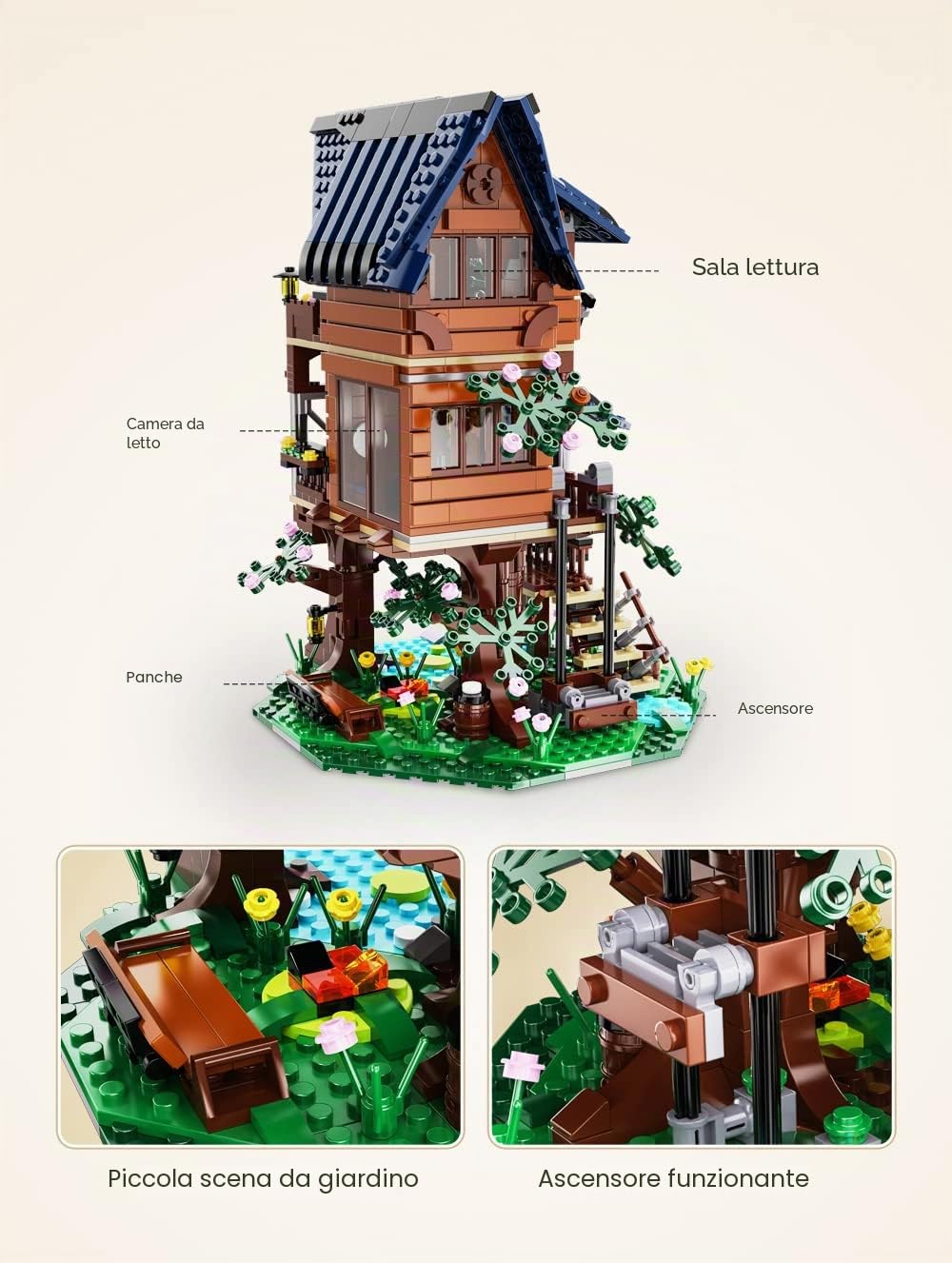 CaDA Four Seasons Story Tree House Set di Costruzioni, 1155 Pezzi, Casa sull'Albero con Tetto Blu, Dettagli Naturali e Accessori