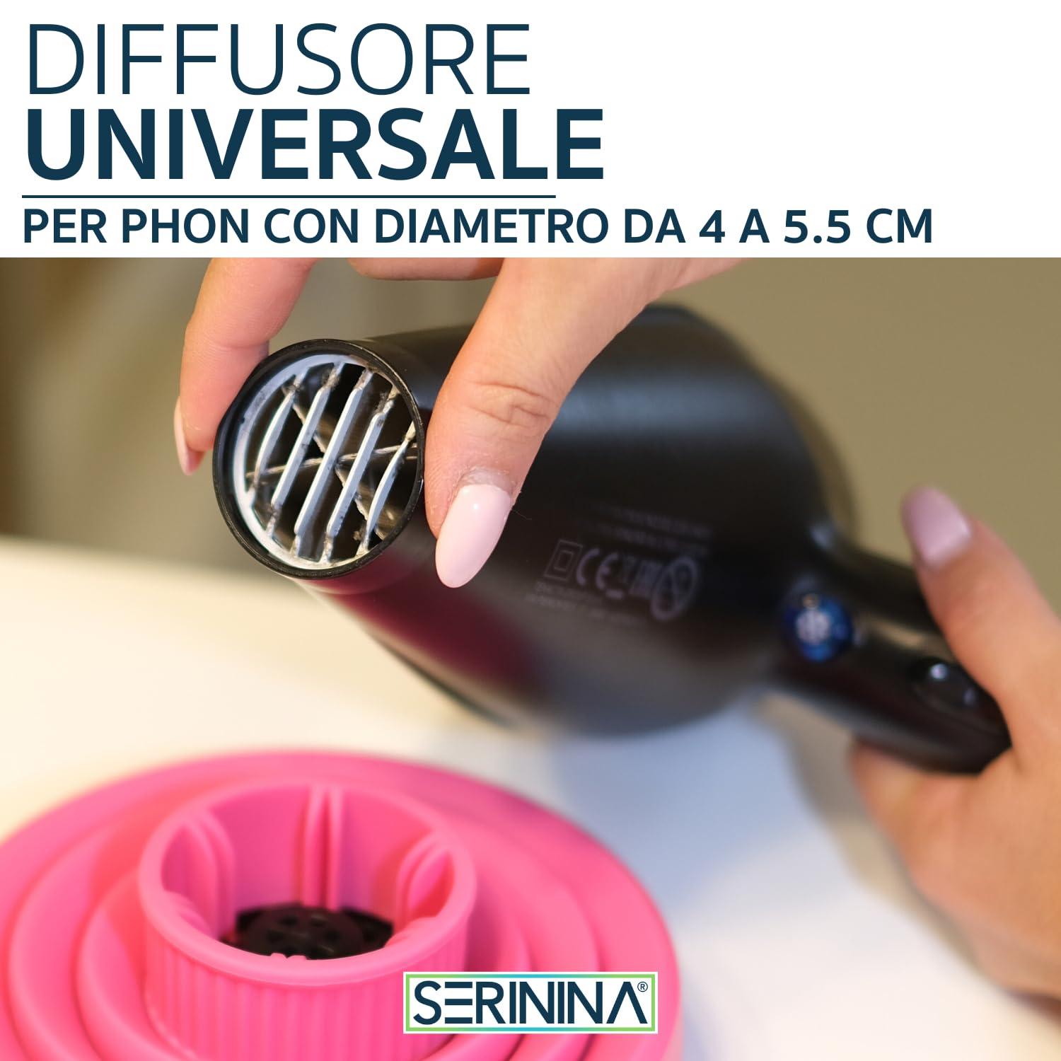 Diffusore Universale Capelli Ricci Phon - Accessori Asciugacapelli per farti bellissima - Con sacchetto - da Viaggio (ROSA | DIAMETRO 4-5,5 cm)
