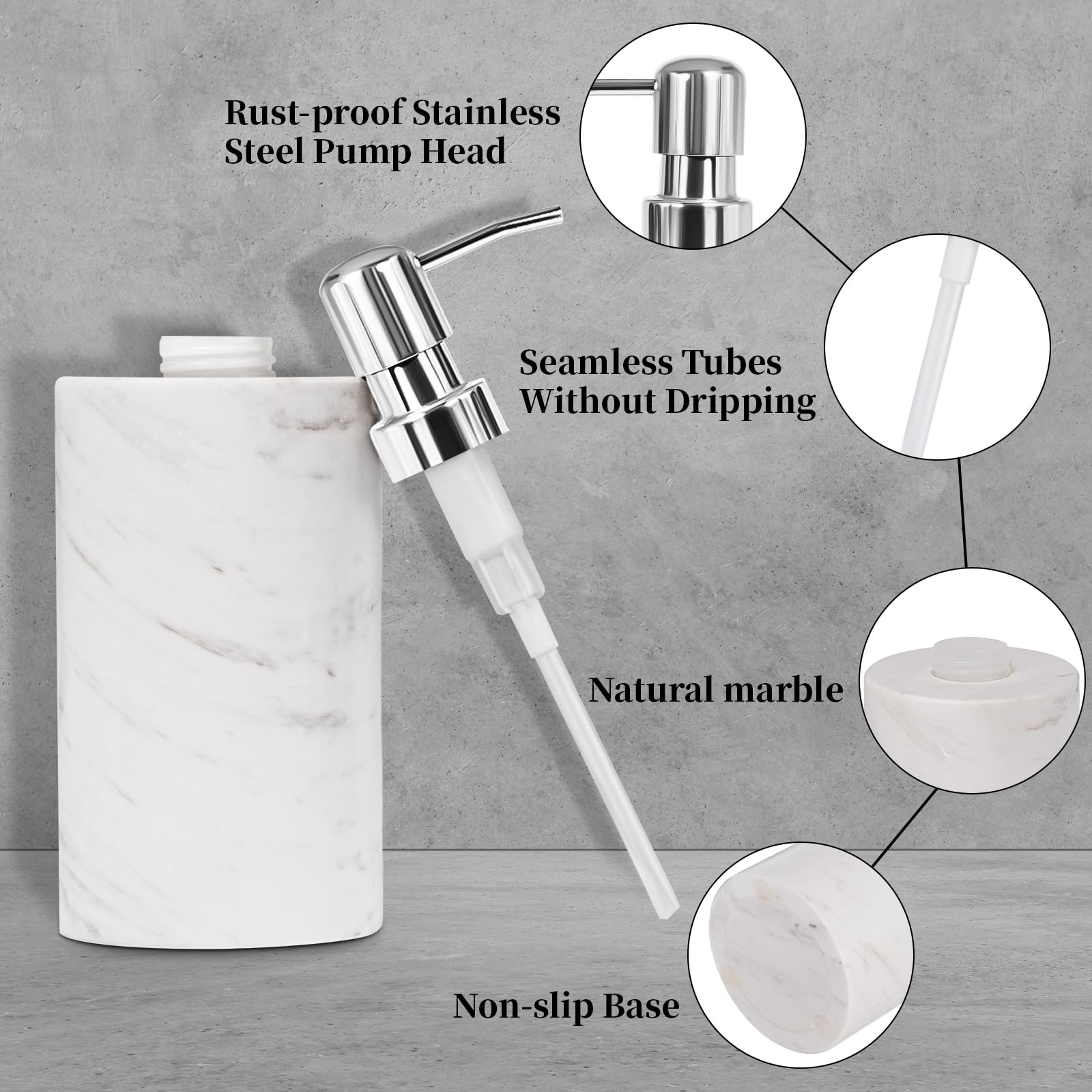 Dispensador de jabón de mármol blanco con bomba de acero inoxidable para encimera de baño, cocina, dispensador de loción y líquido, botella de jabón