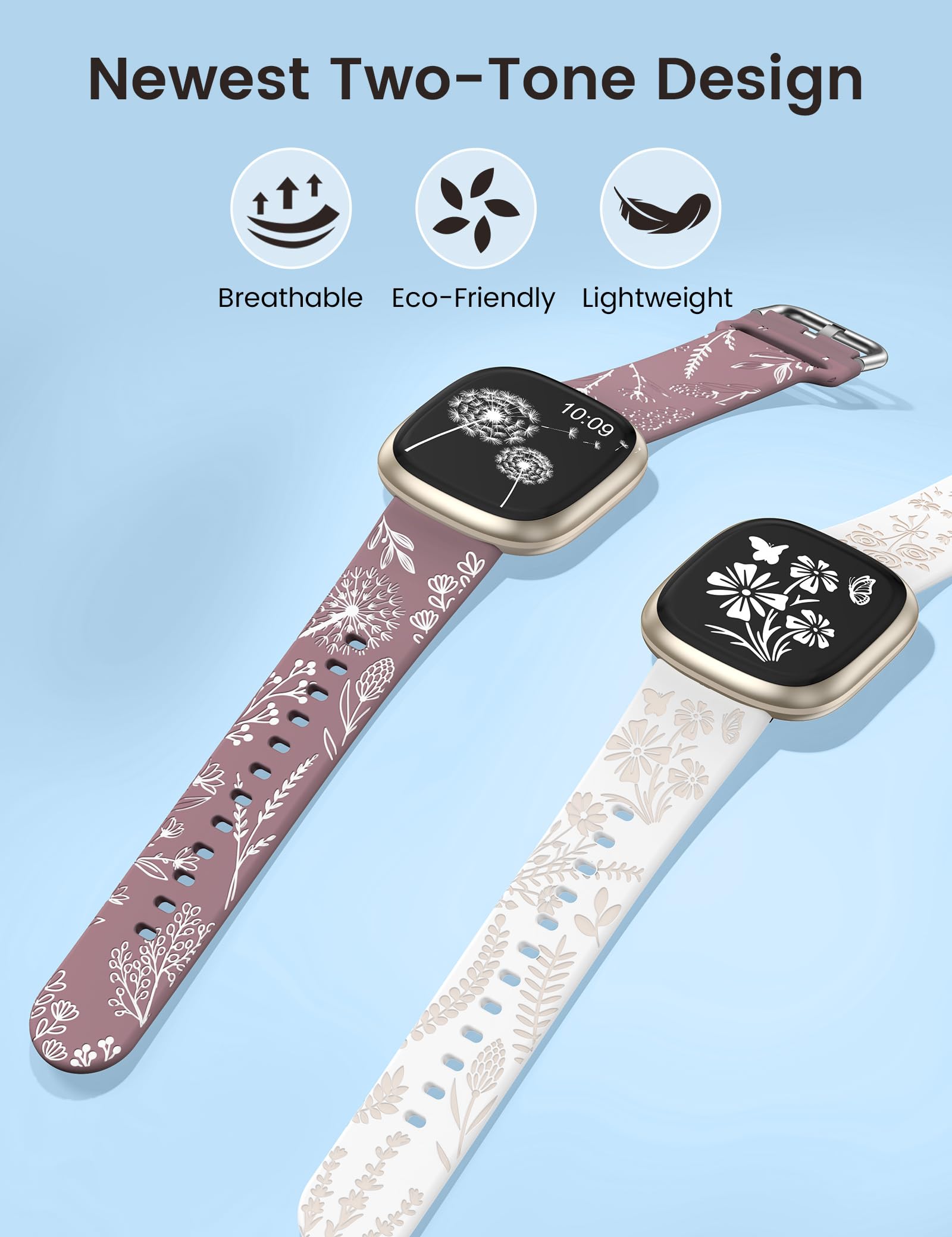 Wearlizer 2 Pack Floral Engraved Strap Compatible with Fitbit Versa 3 Straps/Versa 4 /Sense 2/Sense Bands Women - Image 2