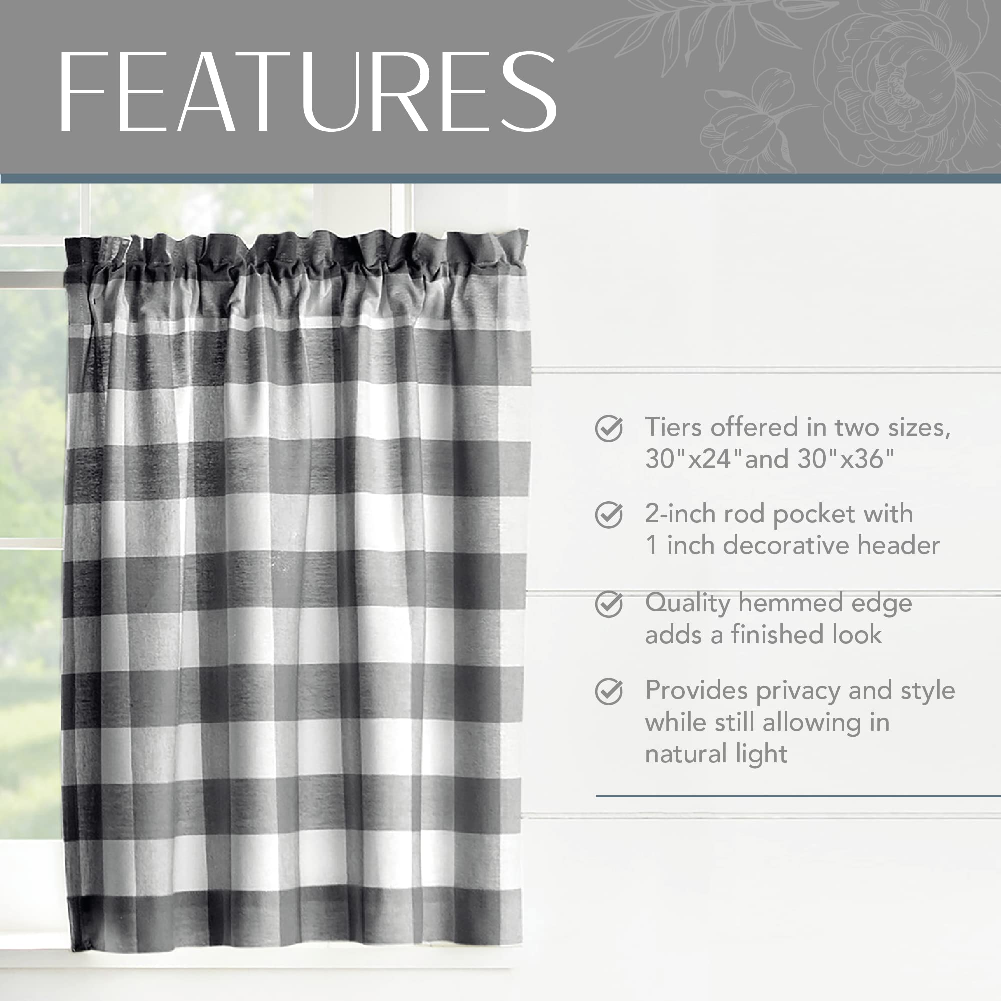 Elrene Buffalo Check Window Kitchen Tier Set, Cotton, Black/White, 30" W x 24" L (Pack of 2), W 24" x L 30" (2 Panels) - Image 3