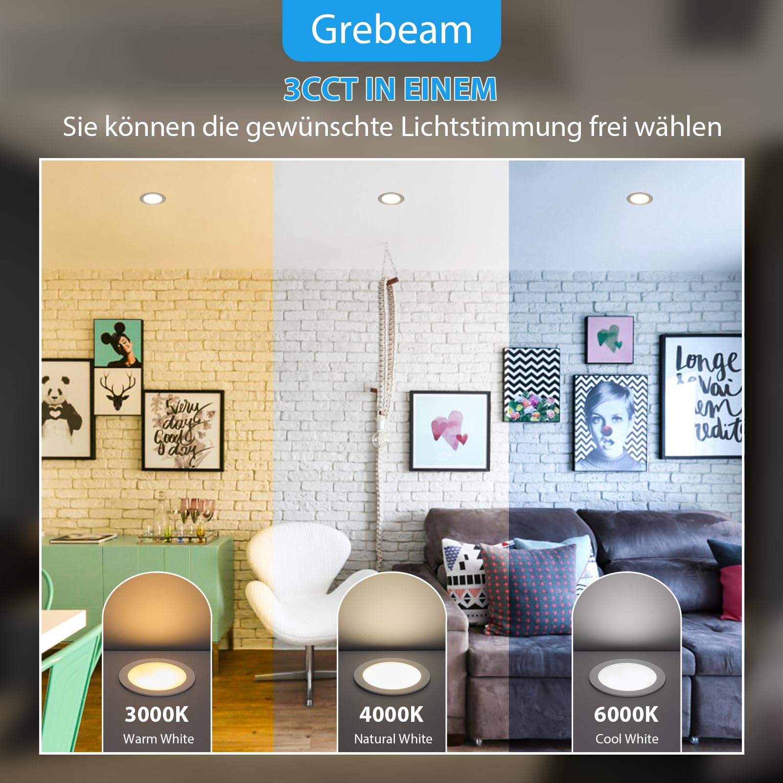 20 Stück LED Einbaustrahler 230V IP44 7W 3CCT 630lm Ausschnitt Ø95-110mm | Grebeam LED Einbaustrahler 110mm Ultra Slim Einbautiefe 30mm Warmweiß/Neutralweiß/Kaltweiß für Badezimmer Schlafzimmer