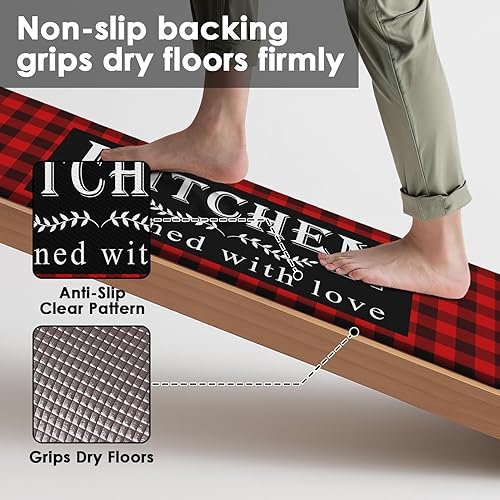 Miniatura 4 de Arttown Juego de 2 alfombras de cocina antifatiga negras y rojas con diseño de búfalo acolchadas, impermeables, antideslizantes, y tapete ergonómico