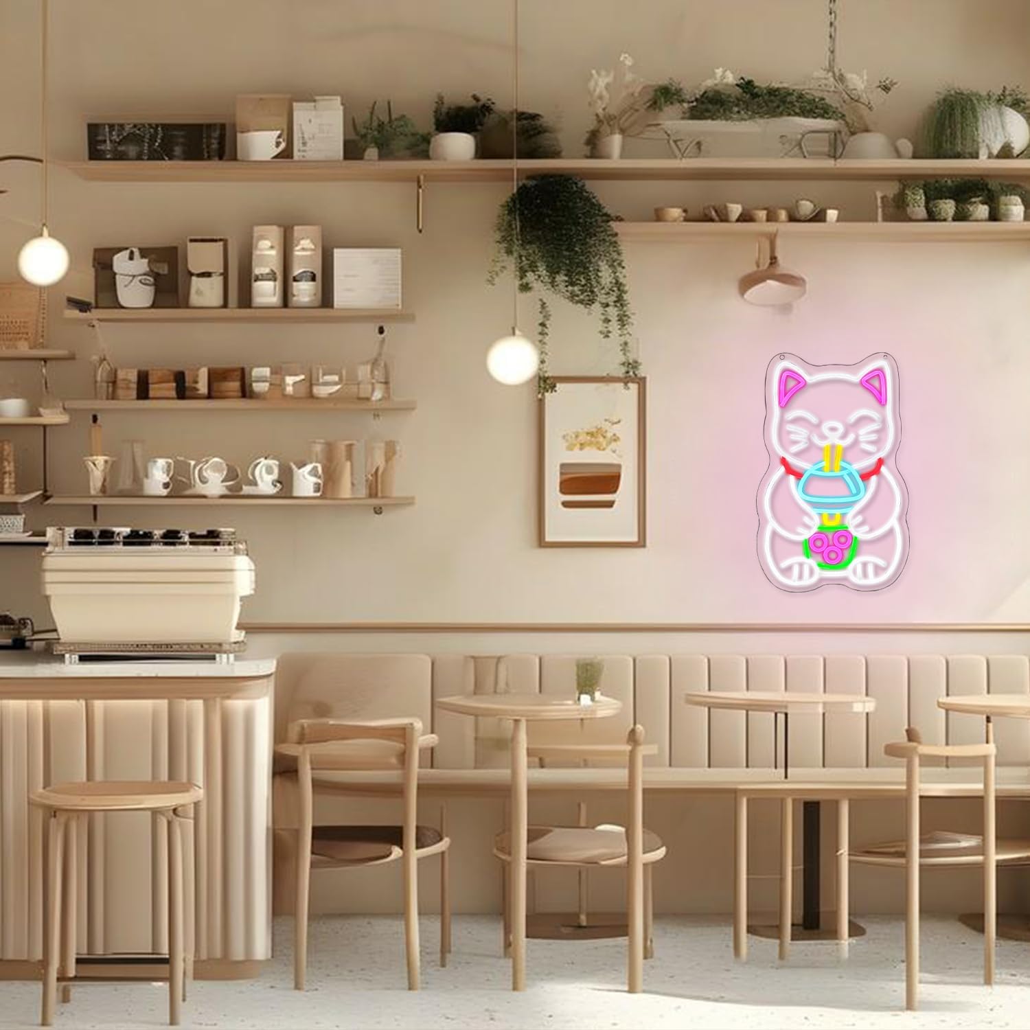 Cat Boba Tea Neon Sign Dimmable Fortune Cat Neon Light Colorful Animal Neon Light Sign Lucky Cat Drinking Bubble Tea LED Light for Milk Tea Shop Resturant Home Bar Birthday Party Decor