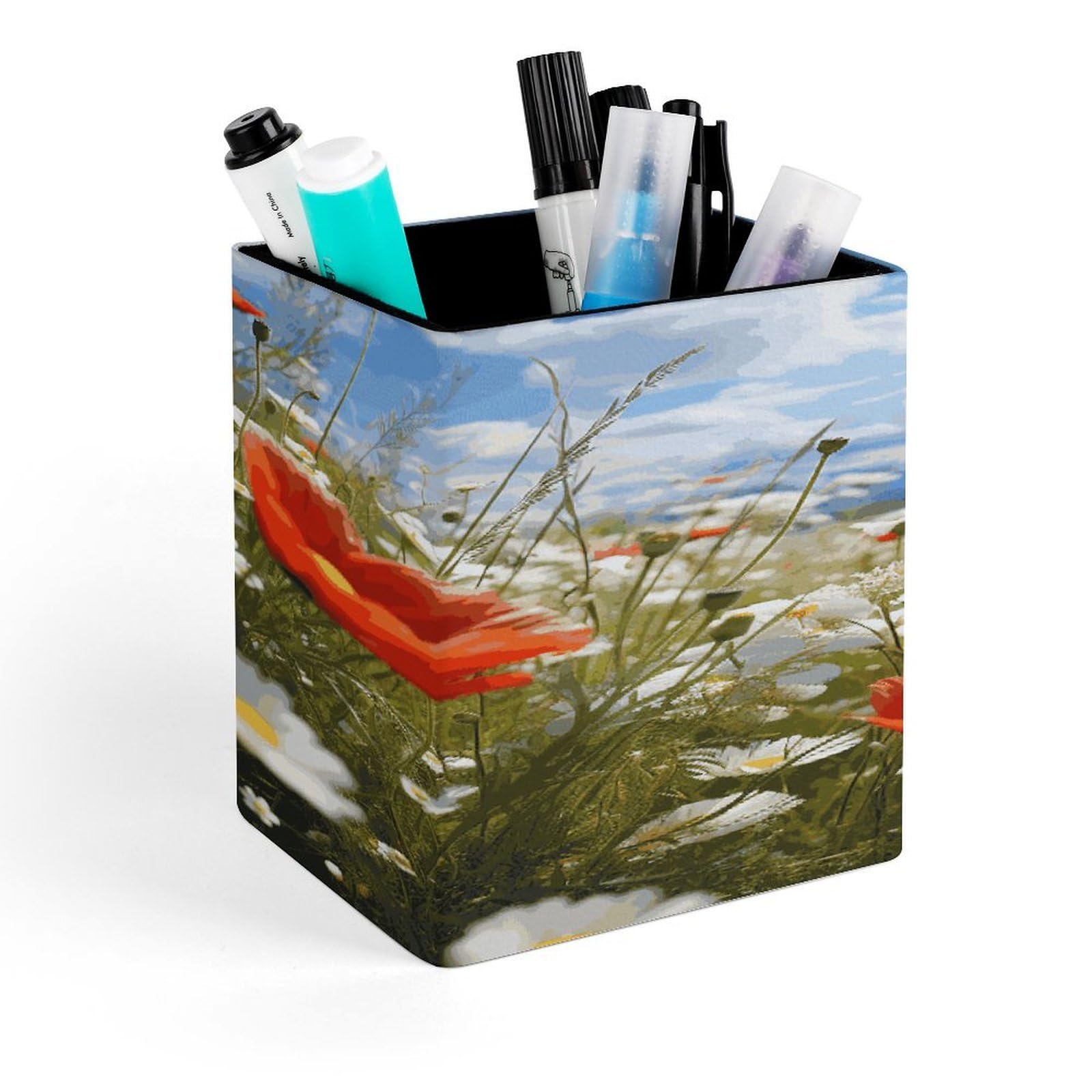FekiLoot Meadow And Daisy Personalized Desk Pen Holder Office Accessories Square Pen Cup Holder Desk Organizer Holder