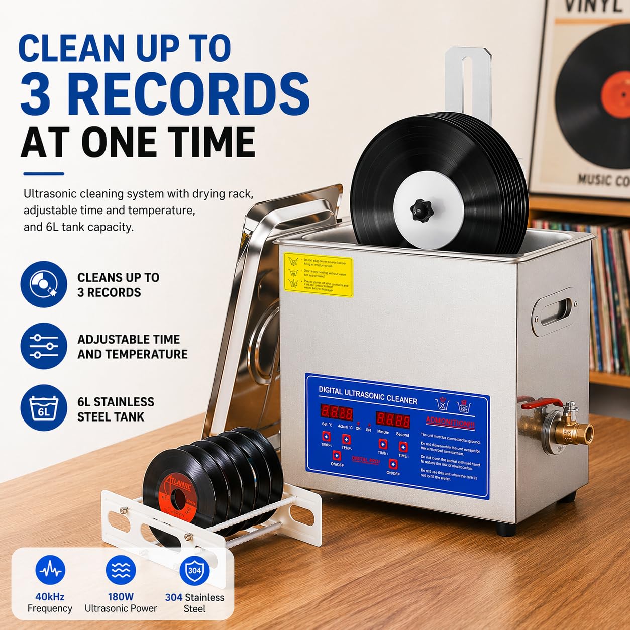 Pulitore ultrasonico per dischi in vinile: pulisce 8 LP contemporaneamente, azione a doppia faccia con rotazione automatica, timer da 0 a 30 minuti, ripristina il suono incontaminato