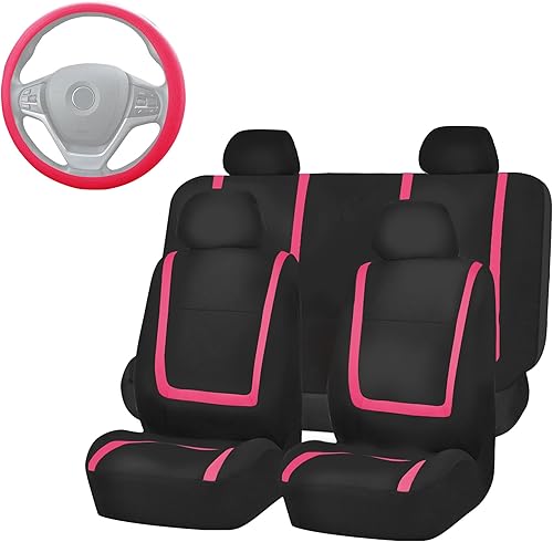 FH Group FB032114 - Juego completo de fundas para asientos de coche con paño plano Funda de silicón para volante color negro sólido se adapta a la